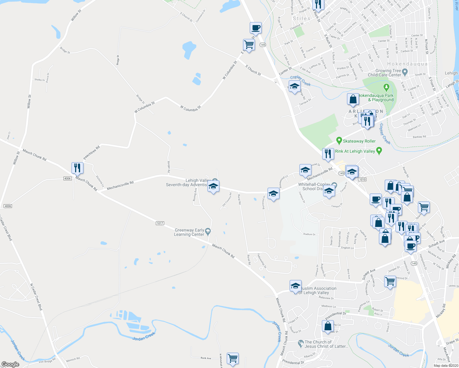 map of restaurants, bars, coffee shops, grocery stores, and more near 3945 Mechanicsville Road in Lehigh County