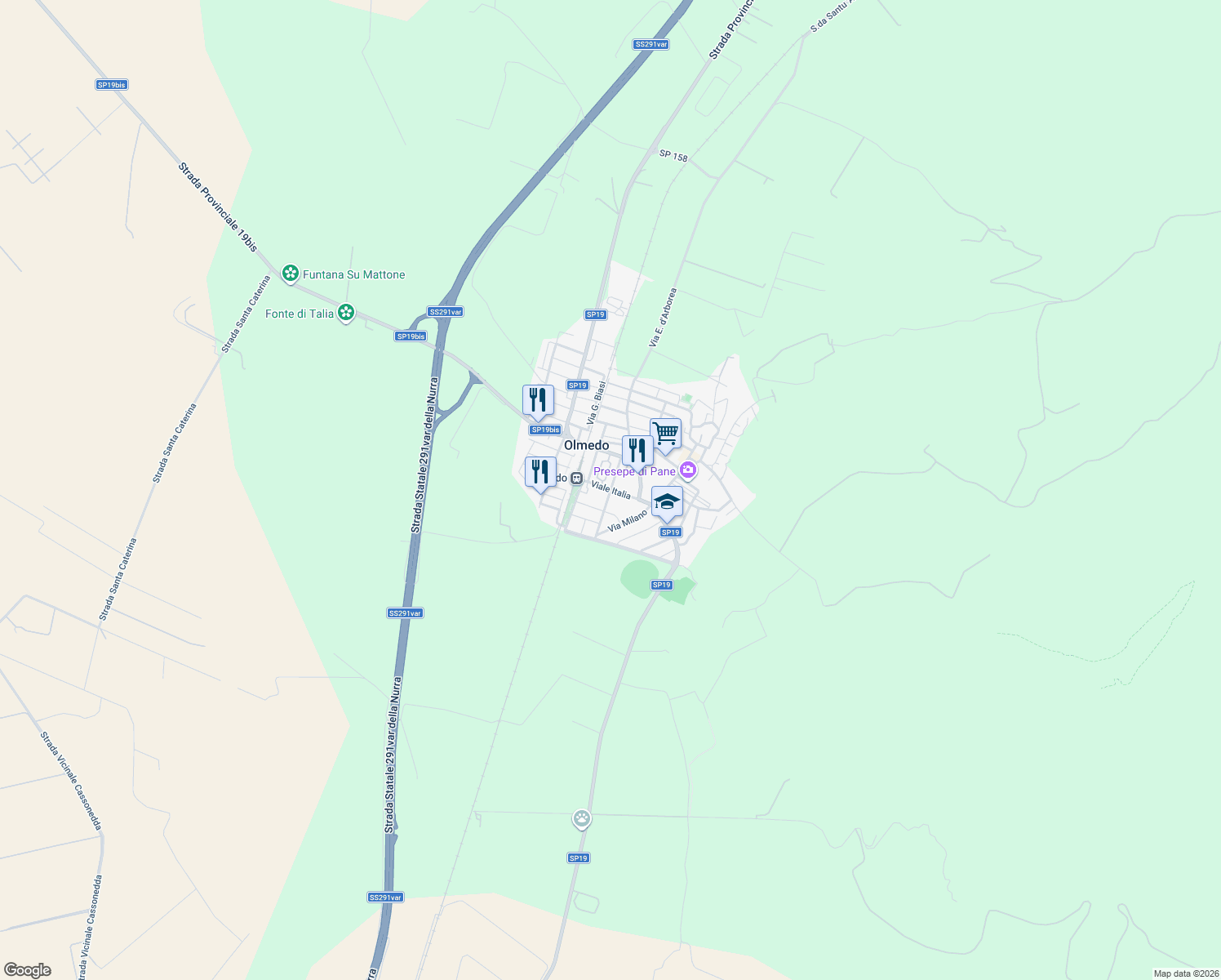 map of restaurants, bars, coffee shops, grocery stores, and more near 15 Via Grazia Deledda in Olmedo
