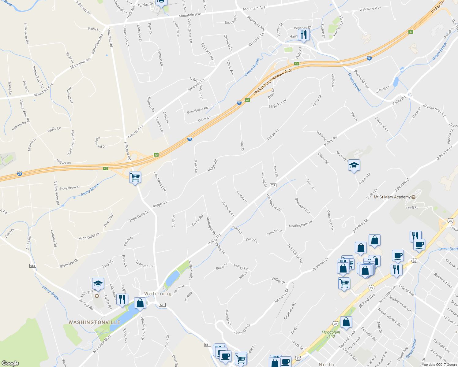 map of restaurants, bars, coffee shops, grocery stores, and more near 81 Century Lane in Watchung