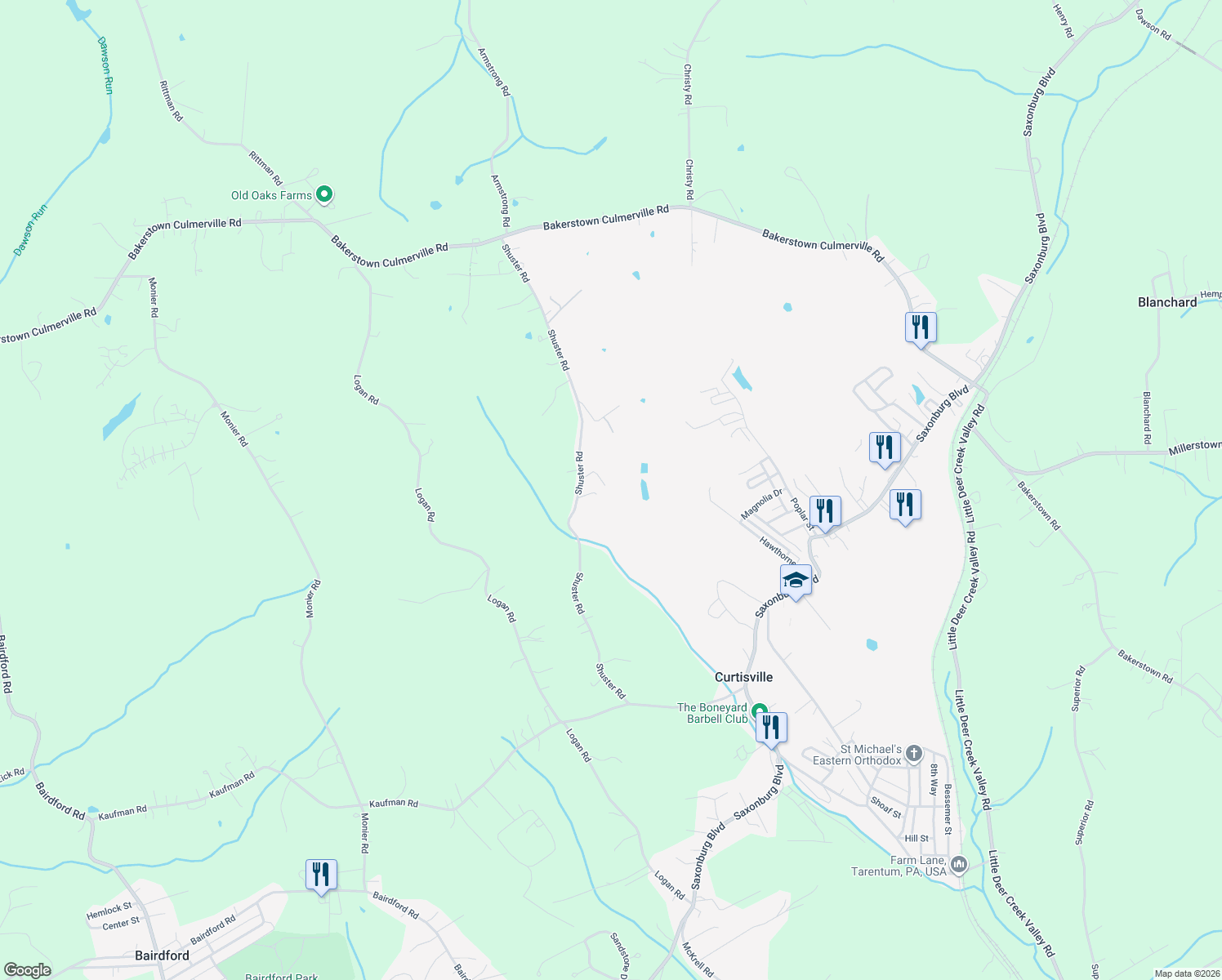 map of restaurants, bars, coffee shops, grocery stores, and more near 156 Shuster Road in Gibsonia
