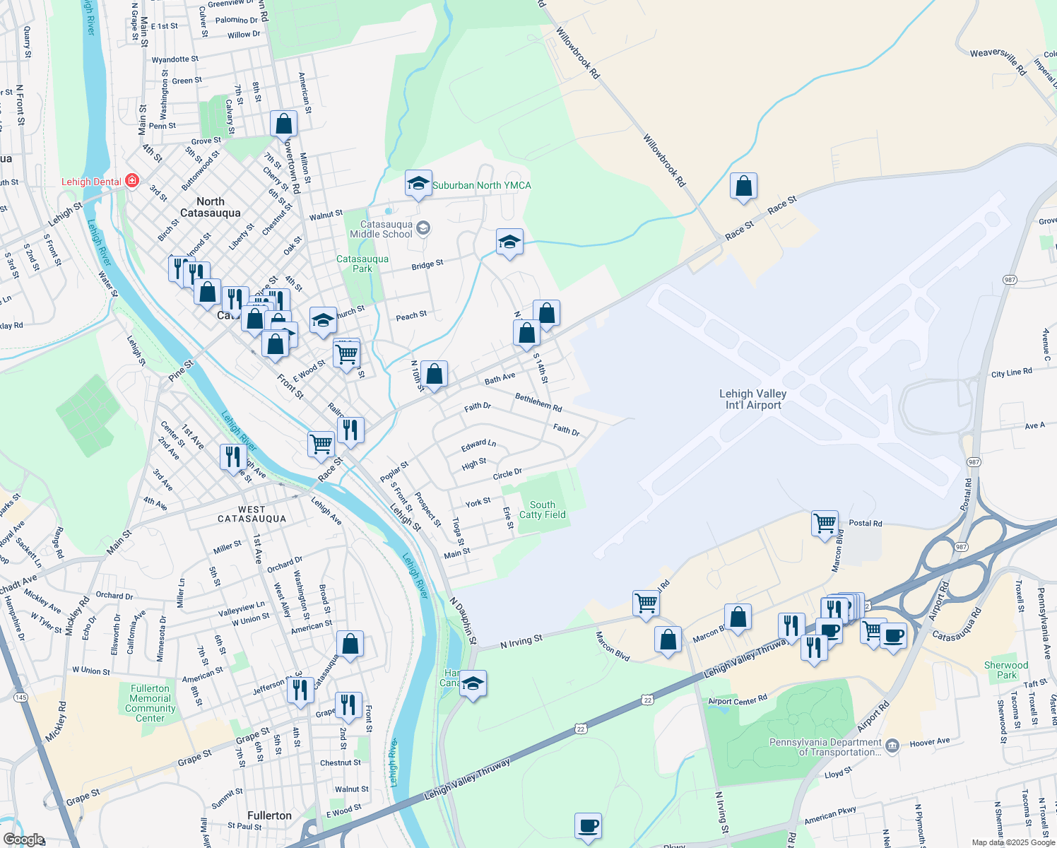 map of restaurants, bars, coffee shops, grocery stores, and more near 705 Faith Dr in Catasauqua