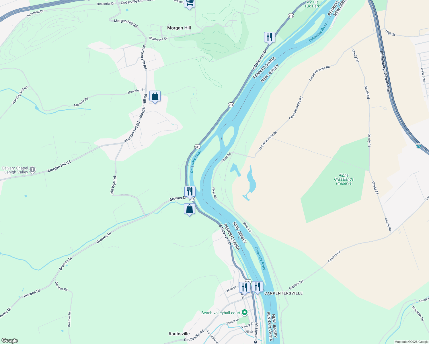 map of restaurants, bars, coffee shops, grocery stores, and more near 541 River Road in Phillipsburg