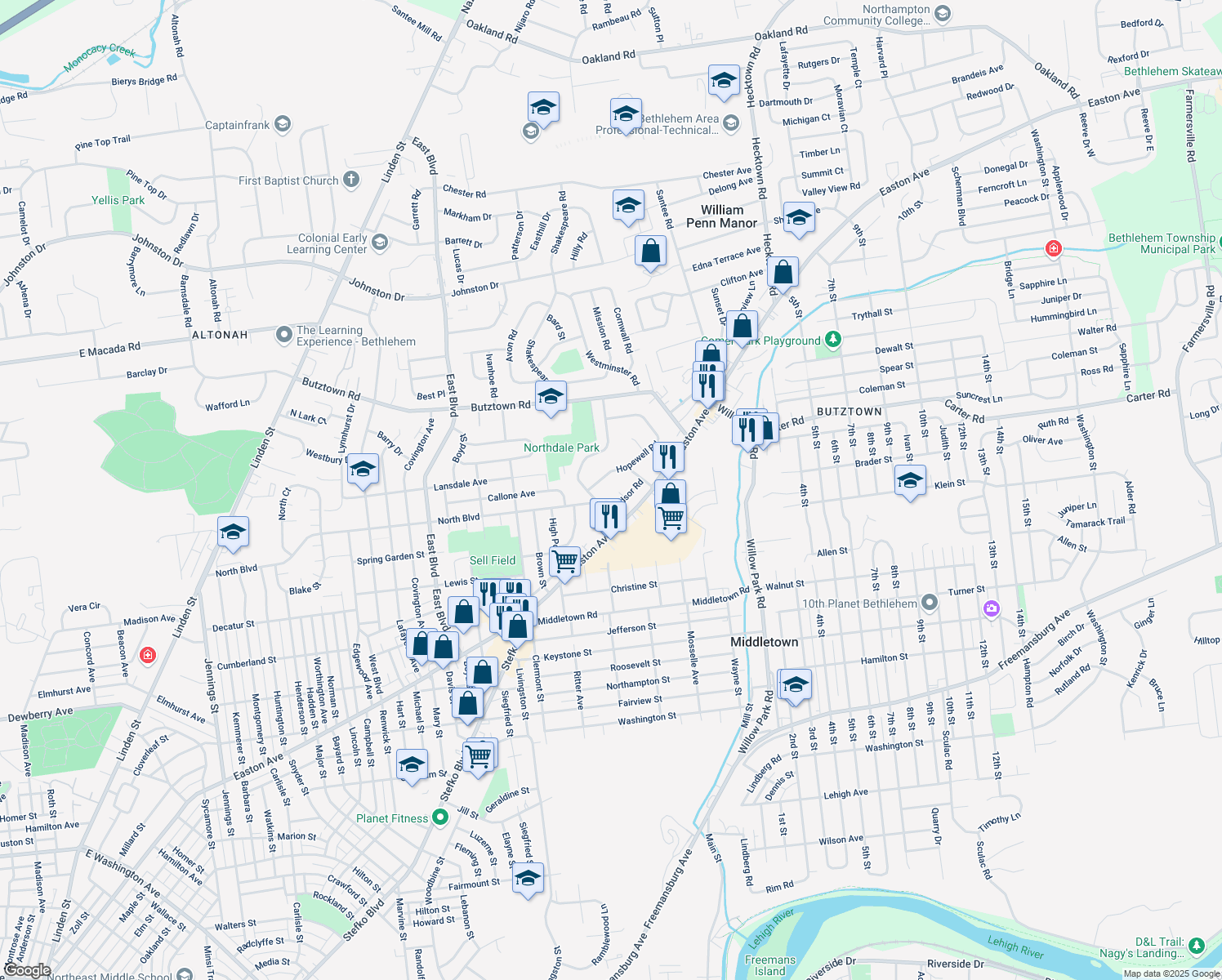 map of restaurants, bars, coffee shops, grocery stores, and more near 1929 Windsor Pl in Bethlehem