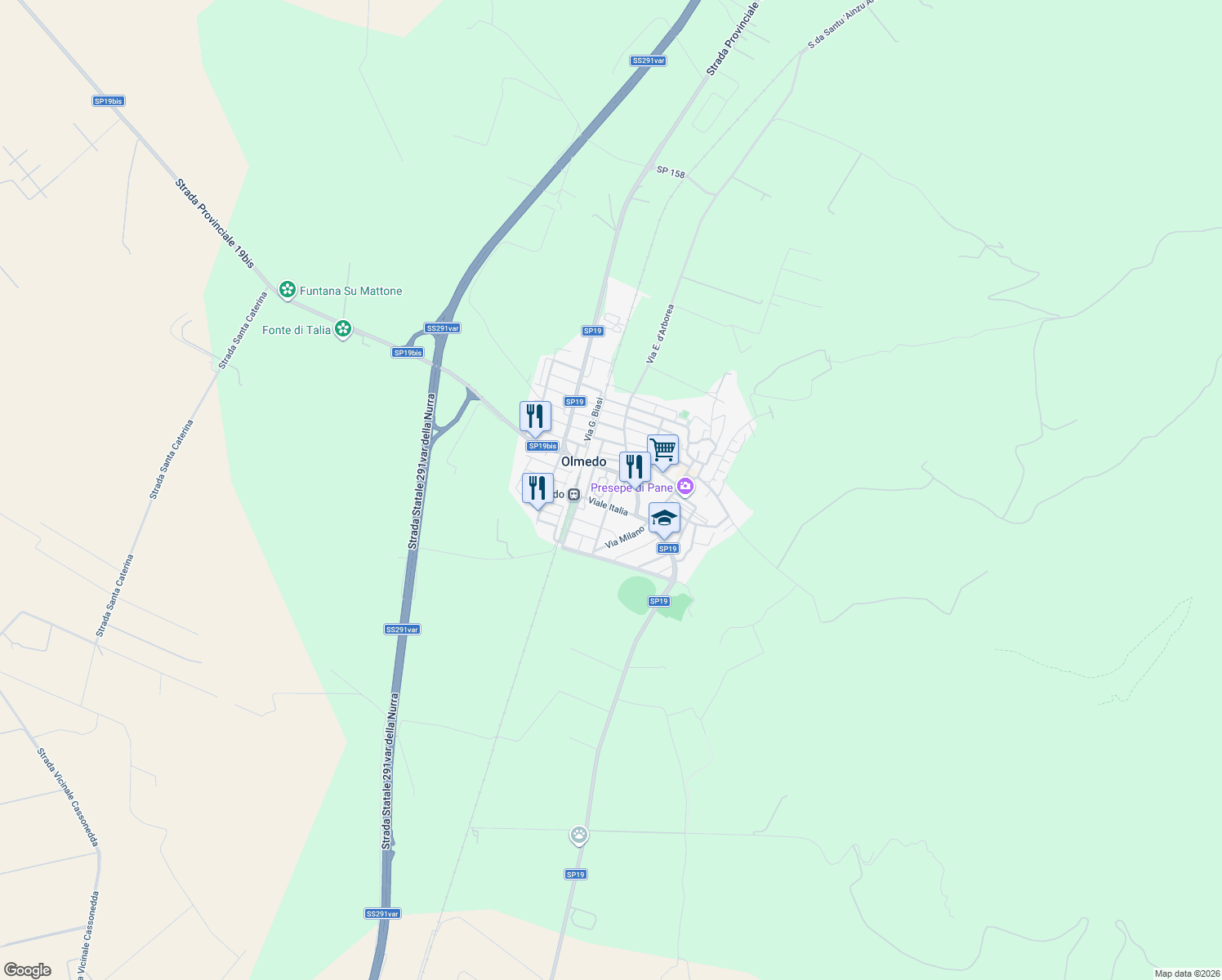 map of restaurants, bars, coffee shops, grocery stores, and more near 15 Via Grazia Deledda in Olmedo