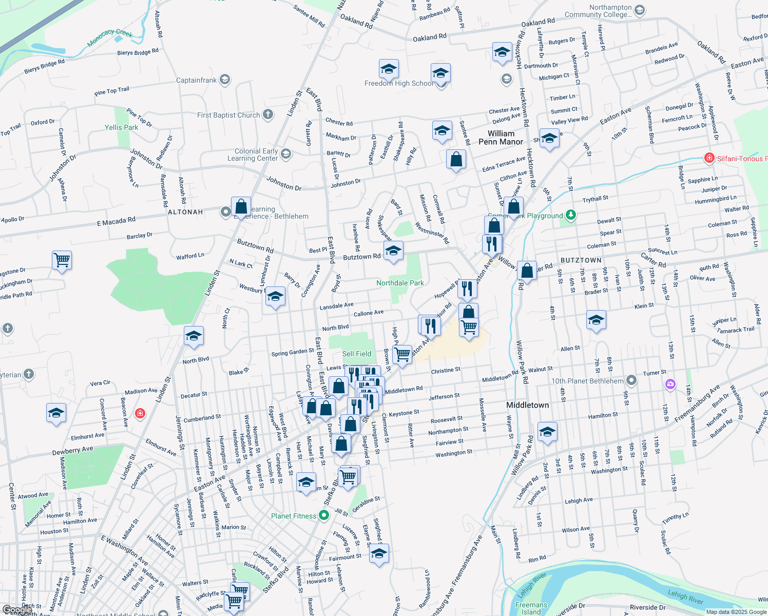 map of restaurants, bars, coffee shops, grocery stores, and more near 1727 Callone Avenue in Bethlehem