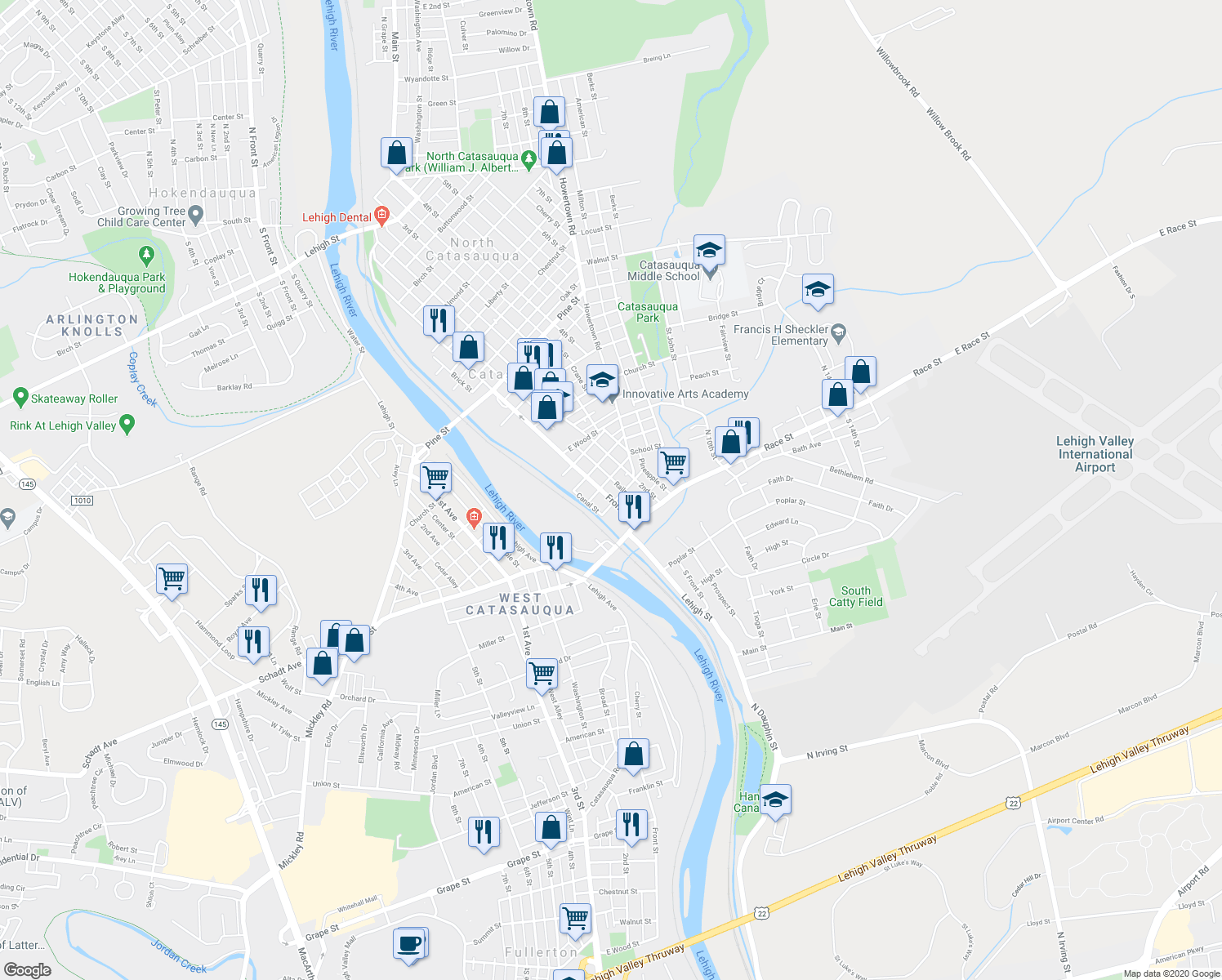 map of restaurants, bars, coffee shops, grocery stores, and more near 113 Front Street in Catasauqua