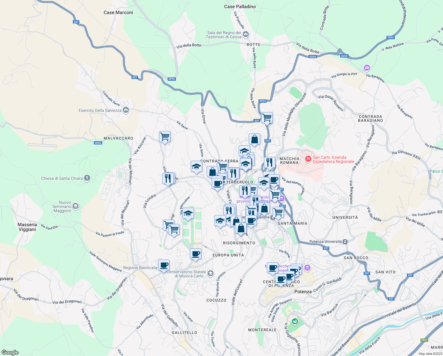 map of restaurants, bars, coffee shops, grocery stores, and more near 52 Via Messina in Potenza