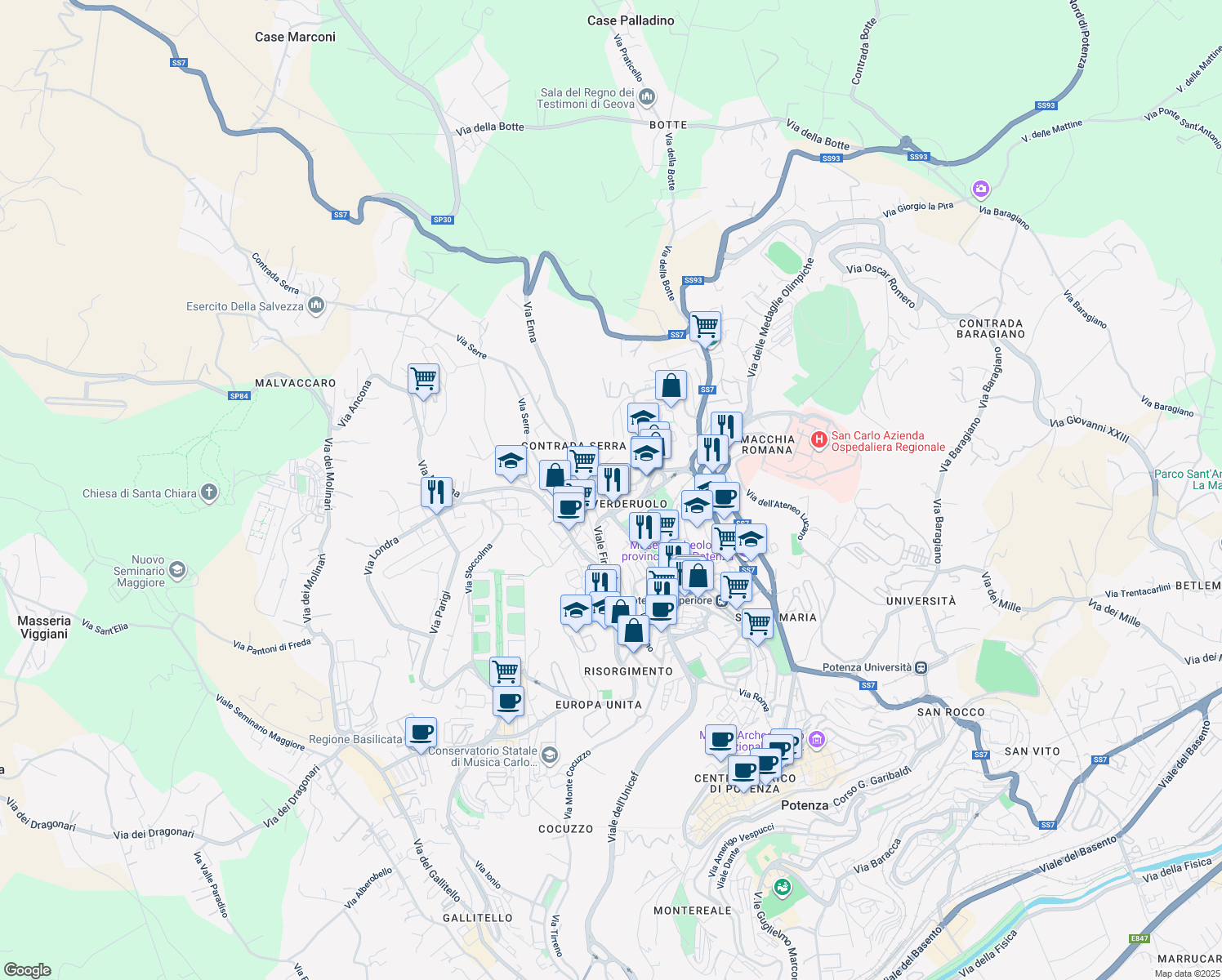 map of restaurants, bars, coffee shops, grocery stores, and more near 52 Via Messina in Potenza