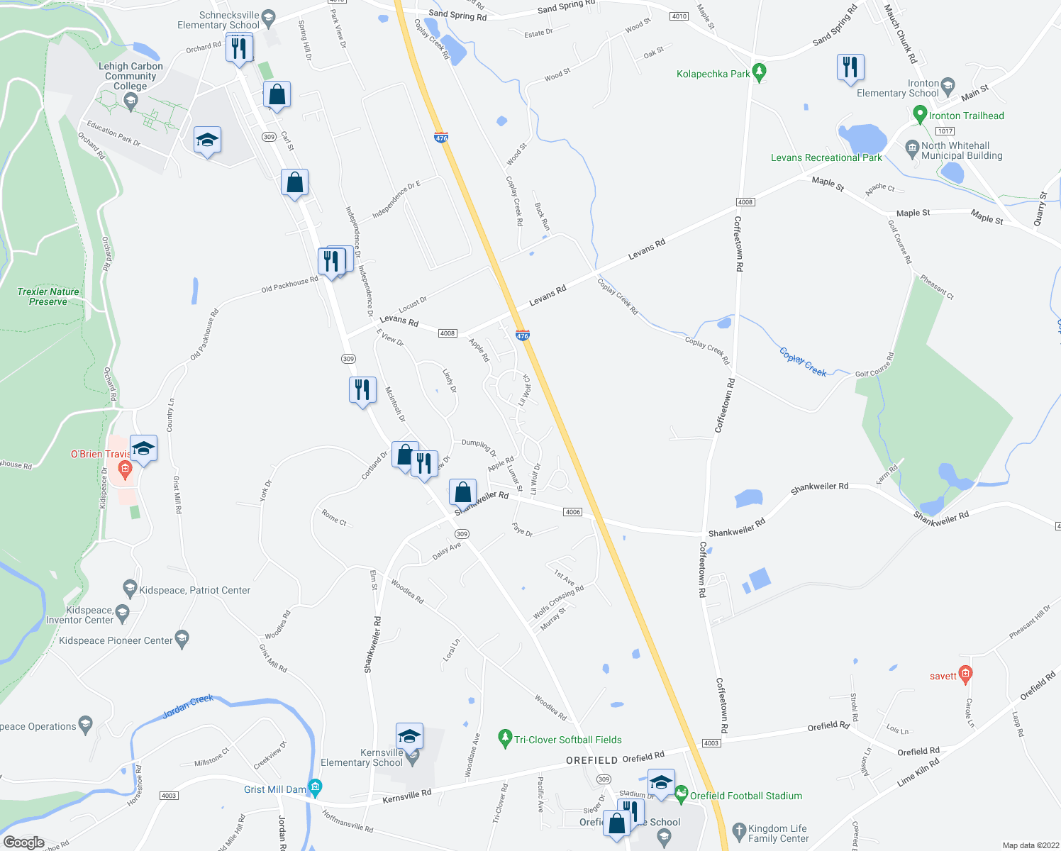 map of restaurants, bars, coffee shops, grocery stores, and more near 4323 Mountain Court in Lehigh County