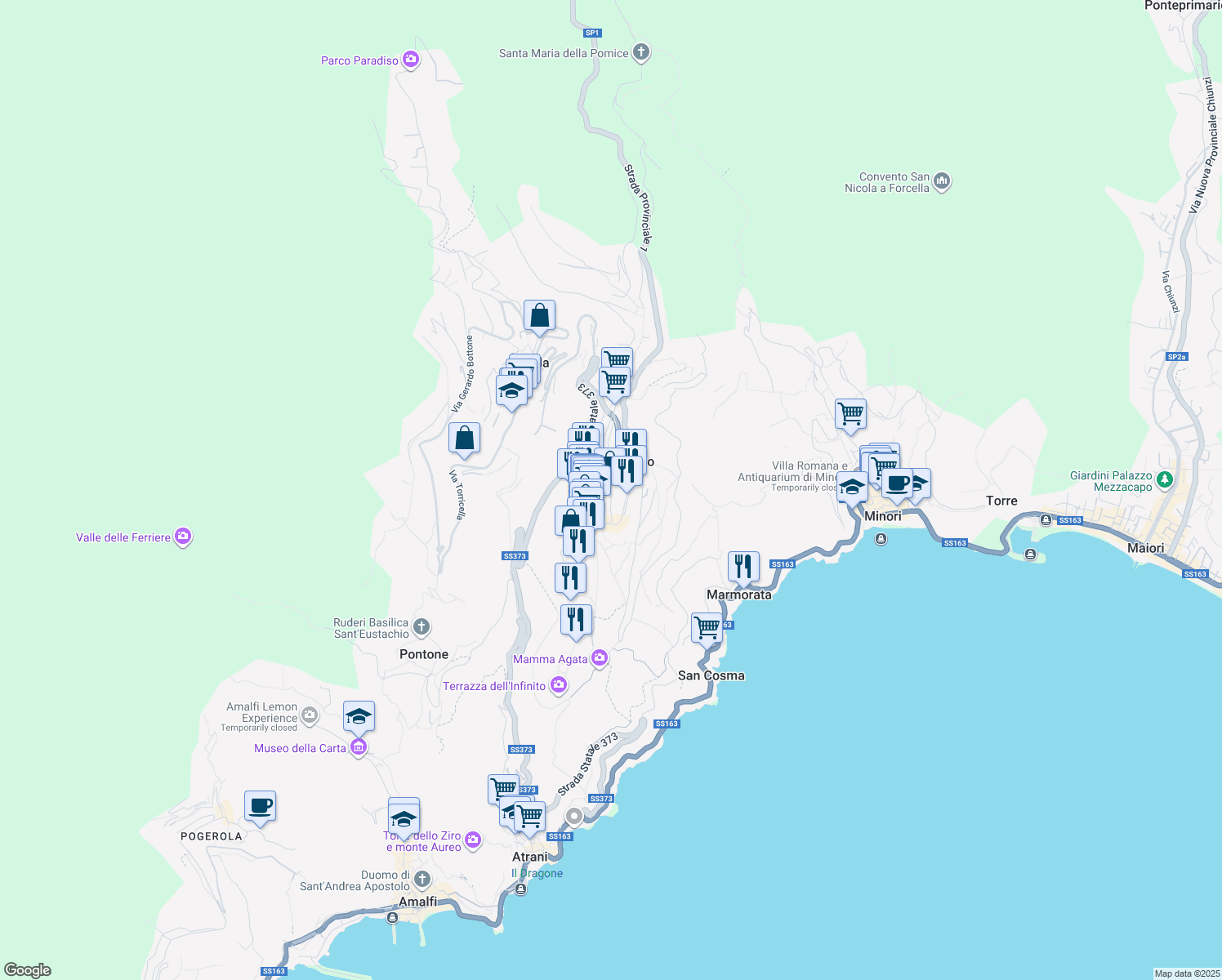 map of restaurants, bars, coffee shops, grocery stores, and more near Via San Giovanni del Toro in Ravello