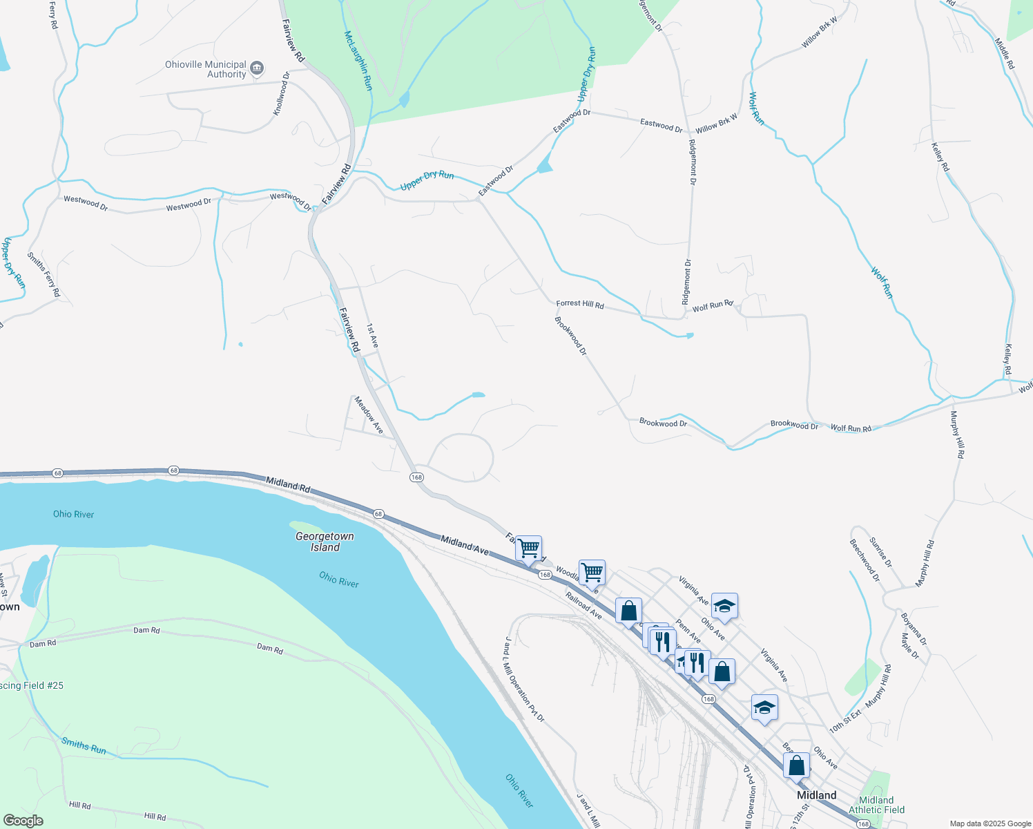 map of restaurants, bars, coffee shops, grocery stores, and more near 1 Midcrest Homes in Midland