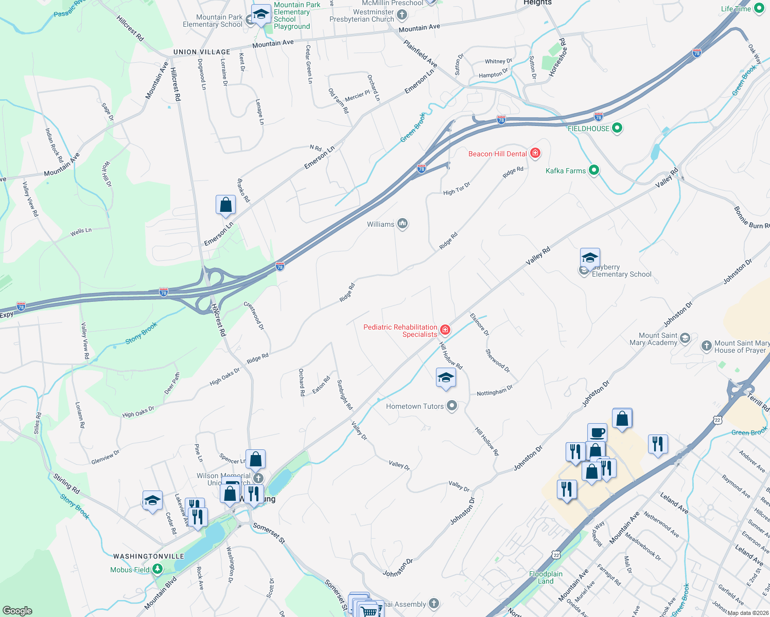 map of restaurants, bars, coffee shops, grocery stores, and more near 81 Century Lane in Watchung