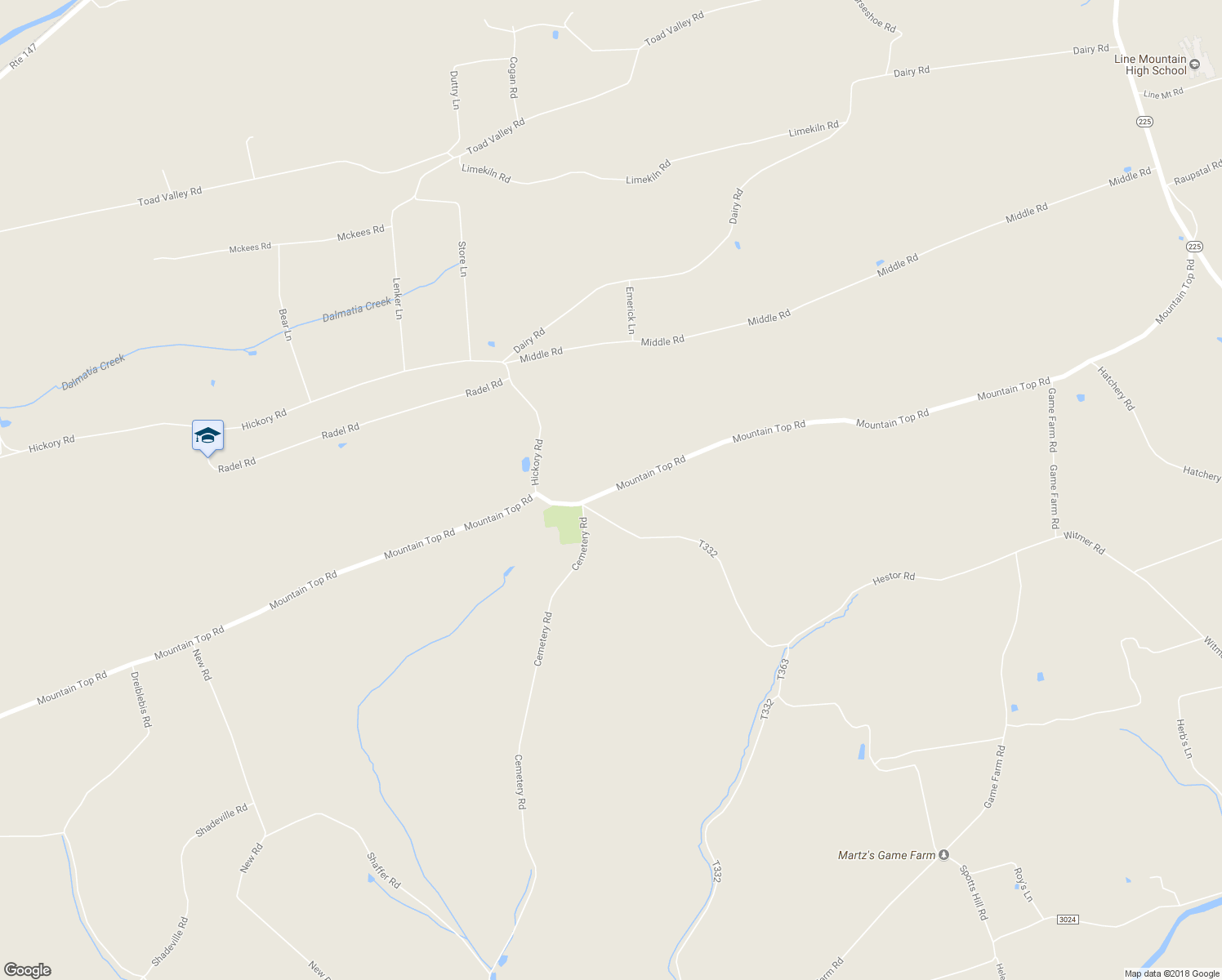 map of restaurants, bars, coffee shops, grocery stores, and more near Mountain Top Road in Dalmatia