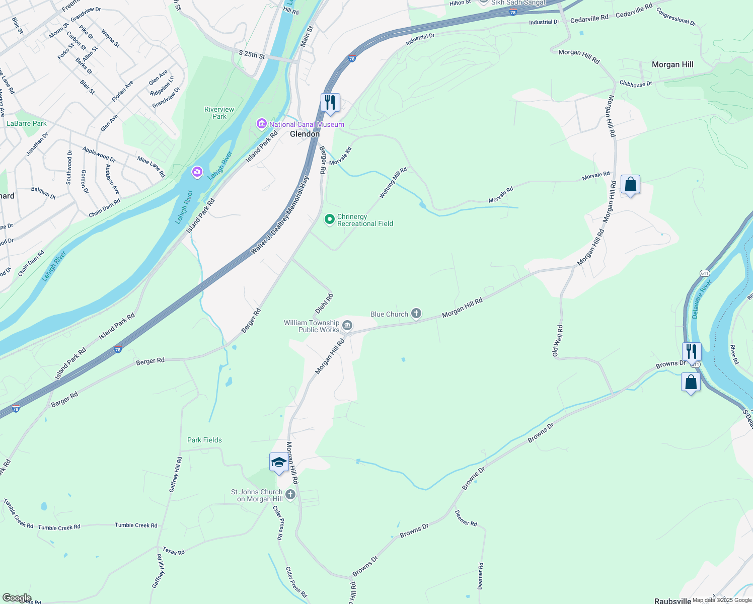 map of restaurants, bars, coffee shops, grocery stores, and more near 40 Colonna Drive in Northampton County