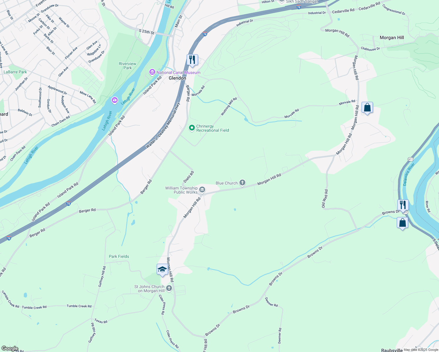 map of restaurants, bars, coffee shops, grocery stores, and more near 40 Colonna Drive in Northampton County