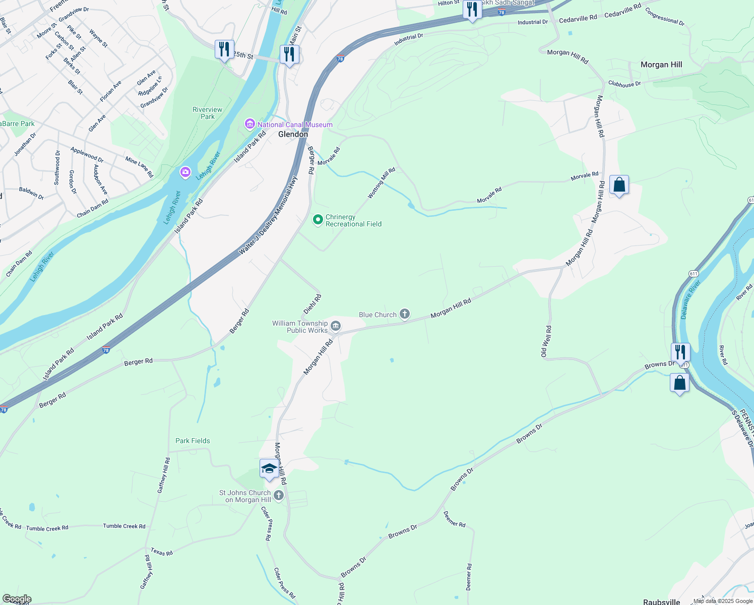 map of restaurants, bars, coffee shops, grocery stores, and more near 40 Colonna Drive in Northampton County