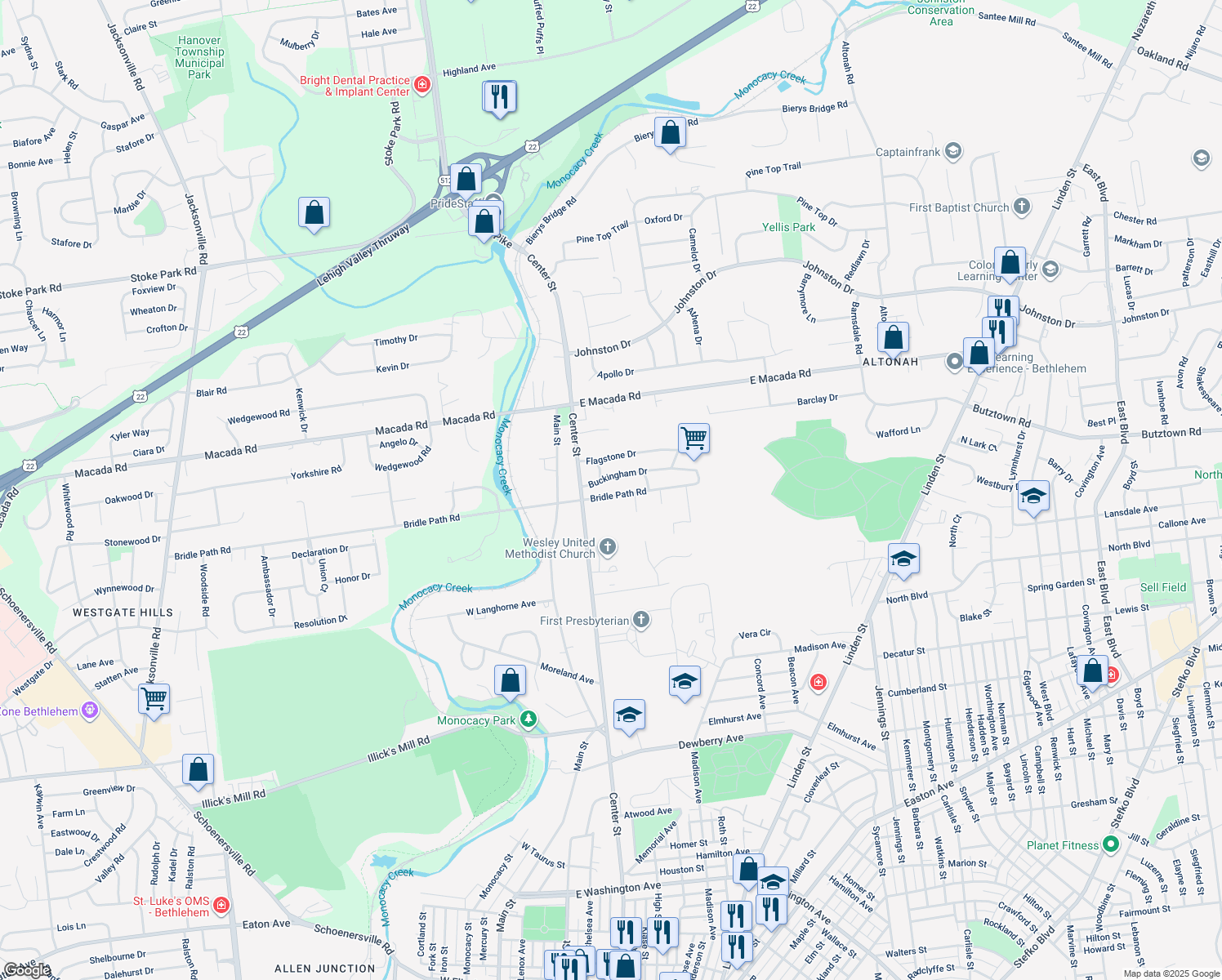 map of restaurants, bars, coffee shops, grocery stores, and more near 205 Bridle Path Road in Bethlehem