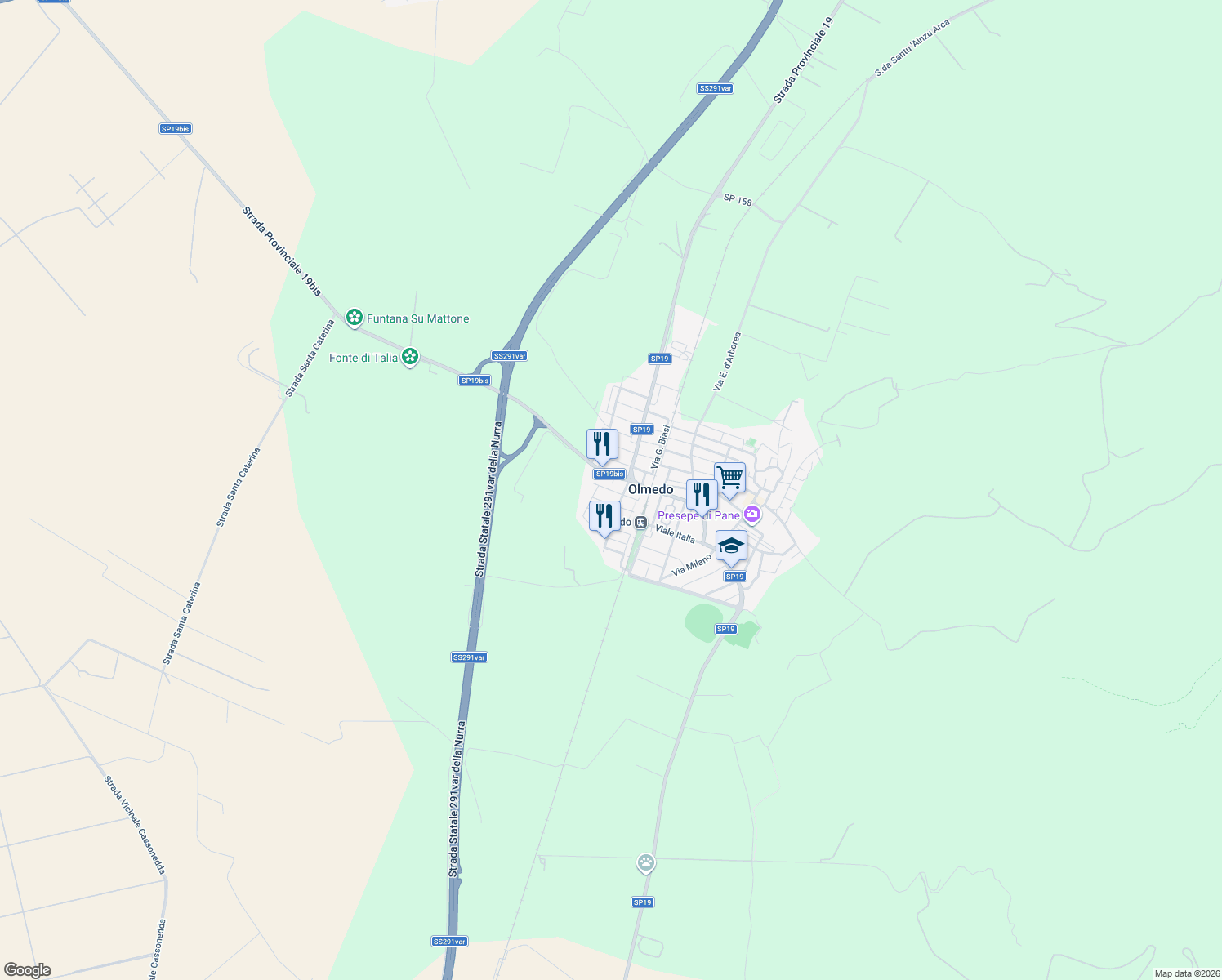 map of restaurants, bars, coffee shops, grocery stores, and more near 26 Corso J. F. Kennedy in Olmedo
