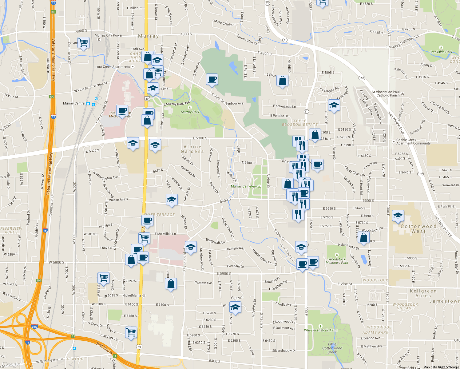 map of restaurants, bars, coffee shops, grocery stores, and more near 5504 South Willow Lane in Murray
