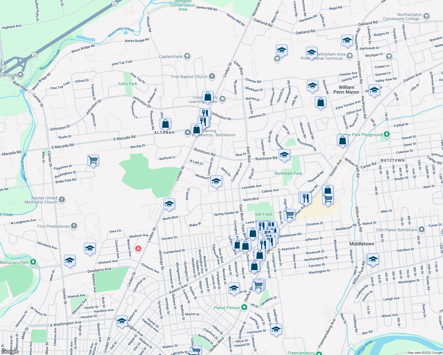 map of restaurants, bars, coffee shops, grocery stores, and more near 2649 Lafayette Avenue in Bethlehem