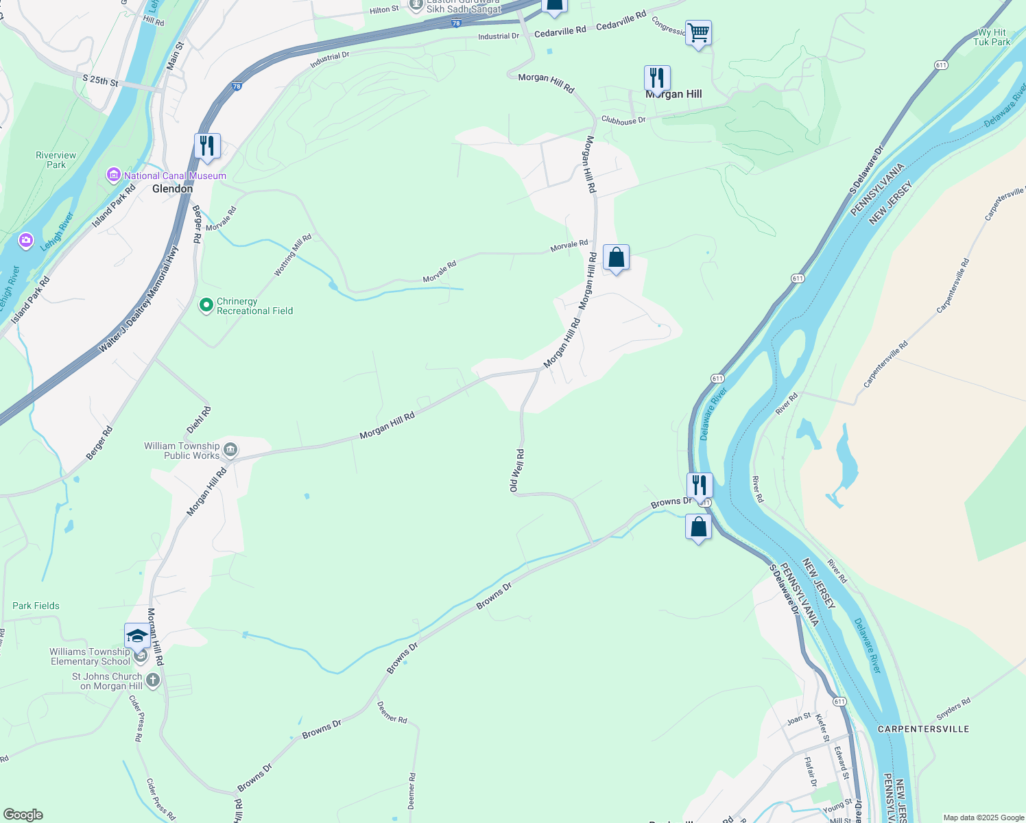 map of restaurants, bars, coffee shops, grocery stores, and more near 65 Old Well Road in Easton