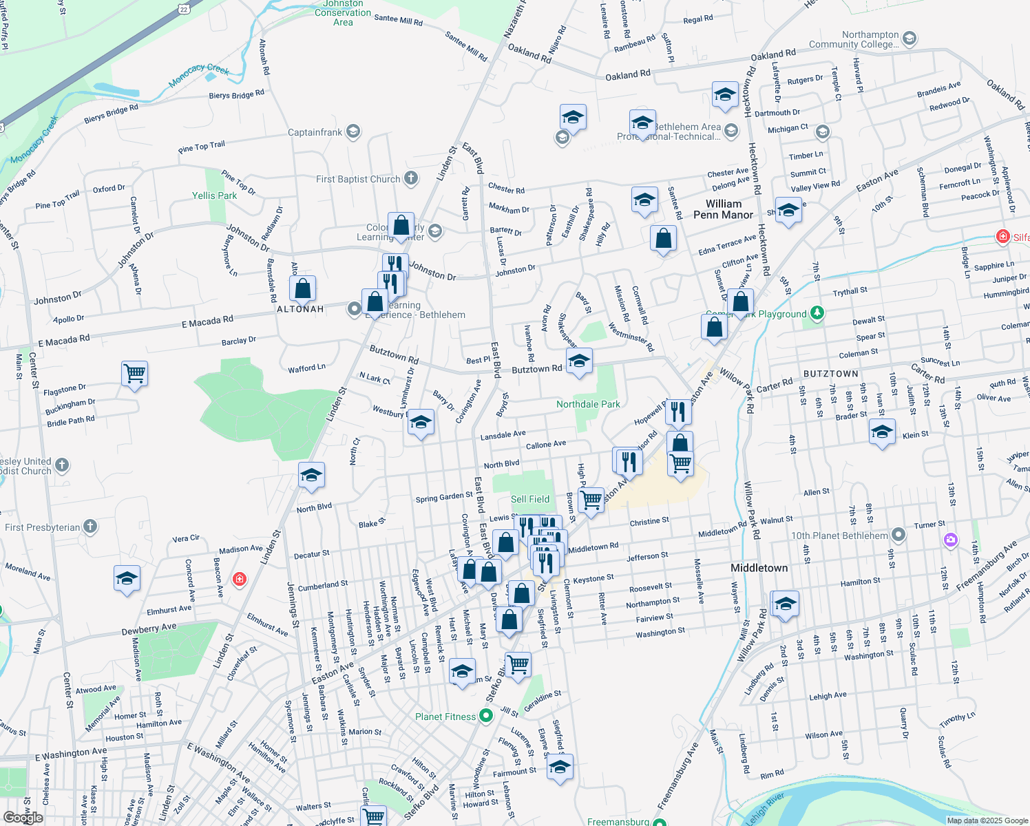 map of restaurants, bars, coffee shops, grocery stores, and more near 1525 Levering Place in Bethlehem