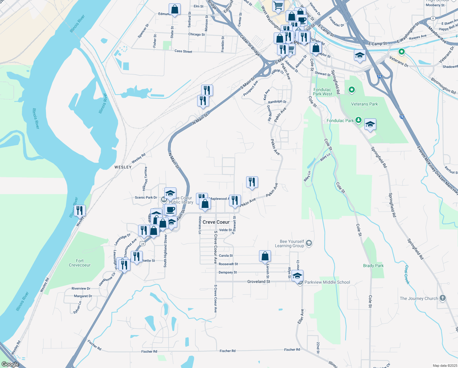 map of restaurants, bars, coffee shops, grocery stores, and more near 426 Smith St in Creve Coeur