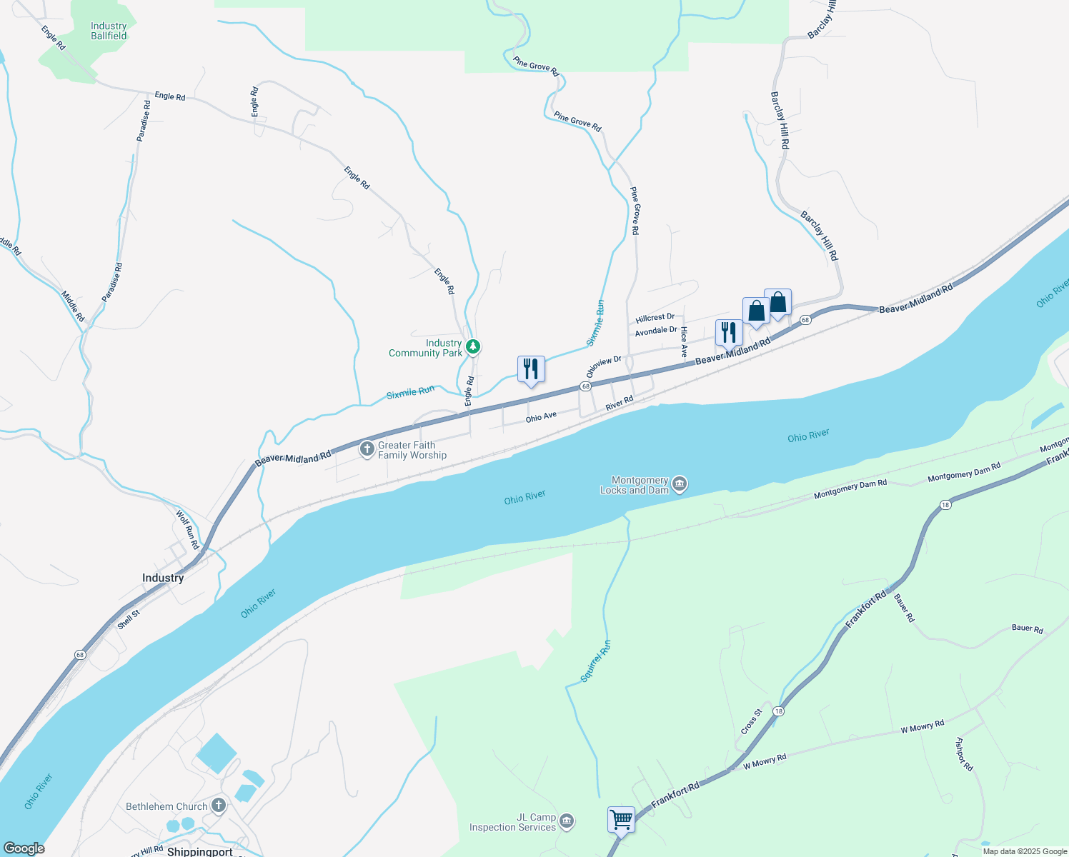 map of restaurants, bars, coffee shops, grocery stores, and more near 1523 Ohio Ave in Industry