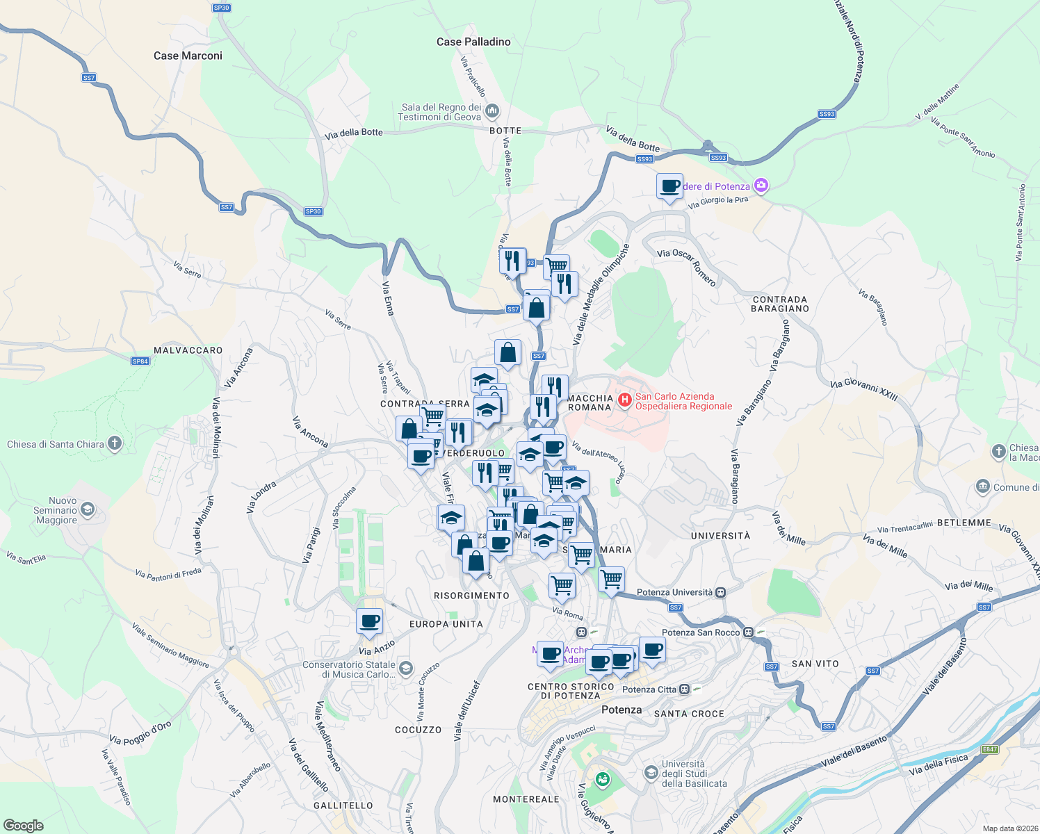map of restaurants, bars, coffee shops, grocery stores, and more near 135 Via Domenico di Giura in Potenza
