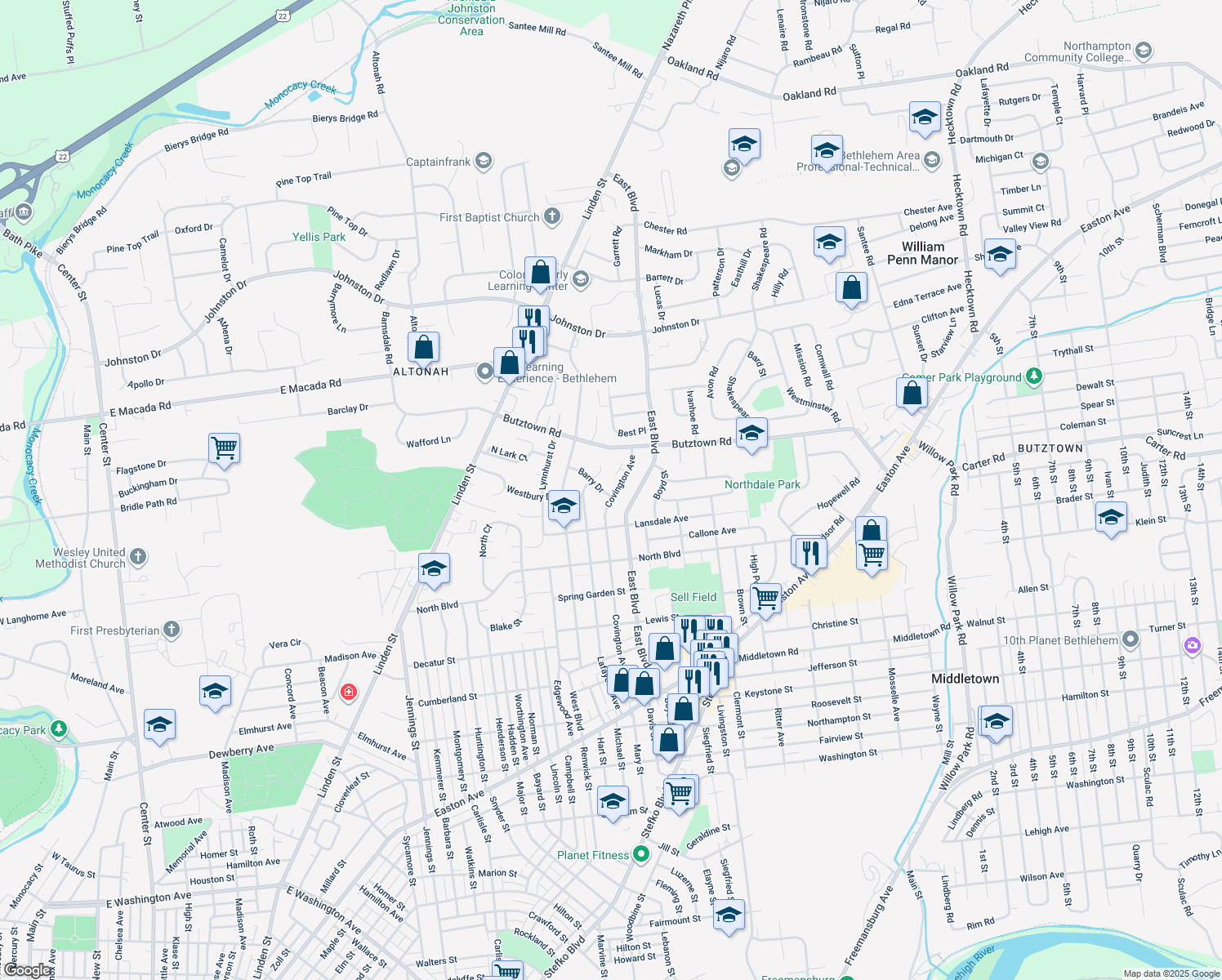 map of restaurants, bars, coffee shops, grocery stores, and more near 1369 Barry Dr in Bethlehem