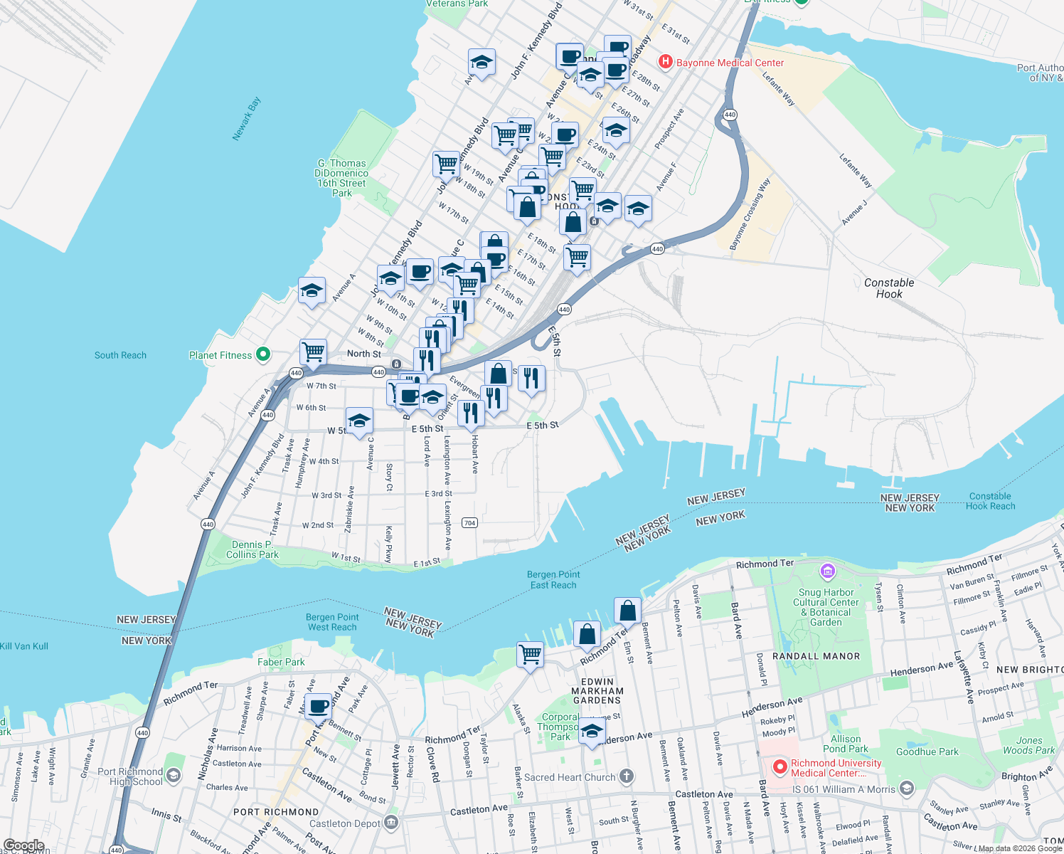 map of restaurants, bars, coffee shops, grocery stores, and more near 198 East 5th Street in Bayonne