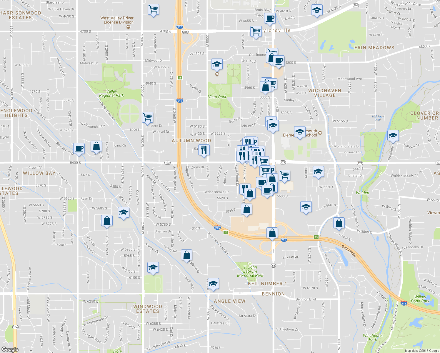 map of restaurants, bars, coffee shops, grocery stores, and more near 5485 Hugoton Drive in Salt Lake City