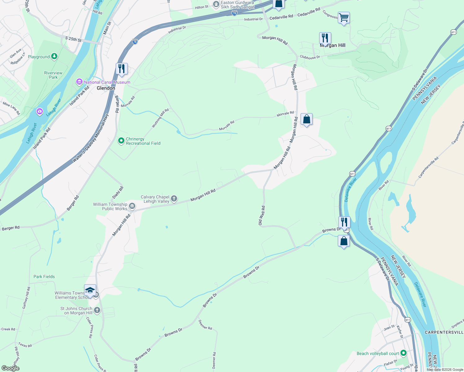 map of restaurants, bars, coffee shops, grocery stores, and more near 1825 Morgan Hill Road in Northampton County