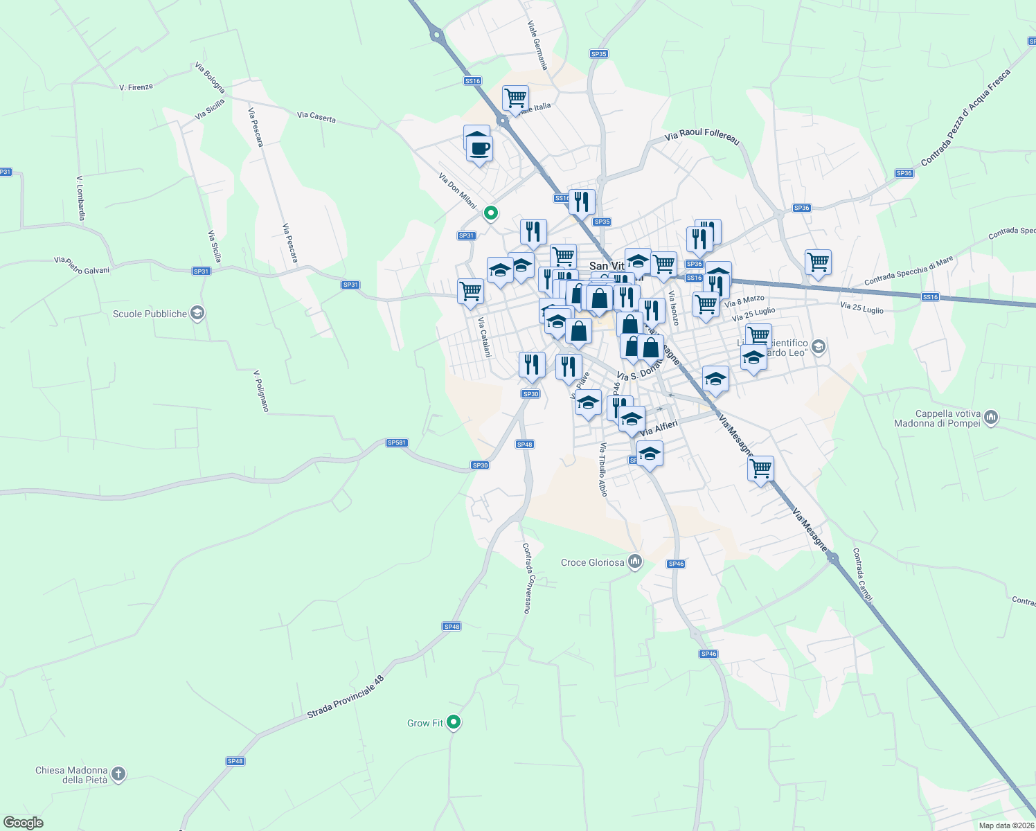 map of restaurants, bars, coffee shops, grocery stores, and more near Strada Provinciale 30 in San Vito dei Normanni