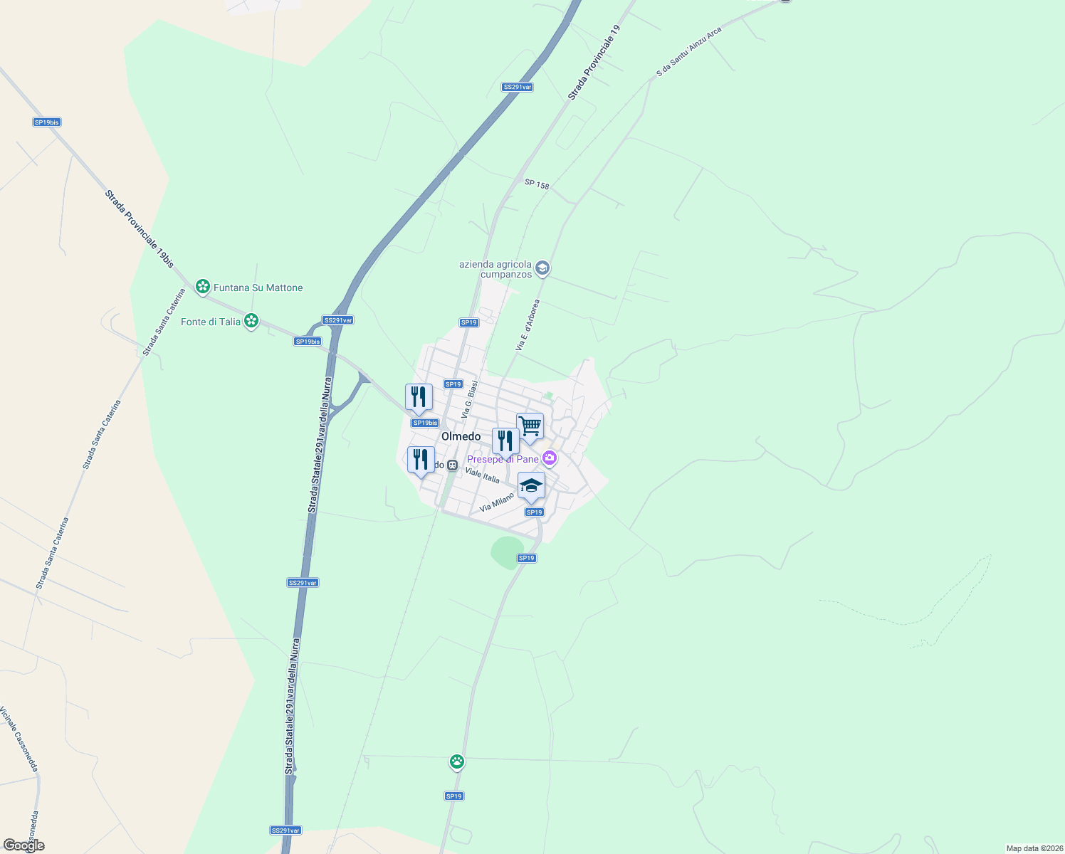 map of restaurants, bars, coffee shops, grocery stores, and more near 5 Via Amsicora in Olmedo