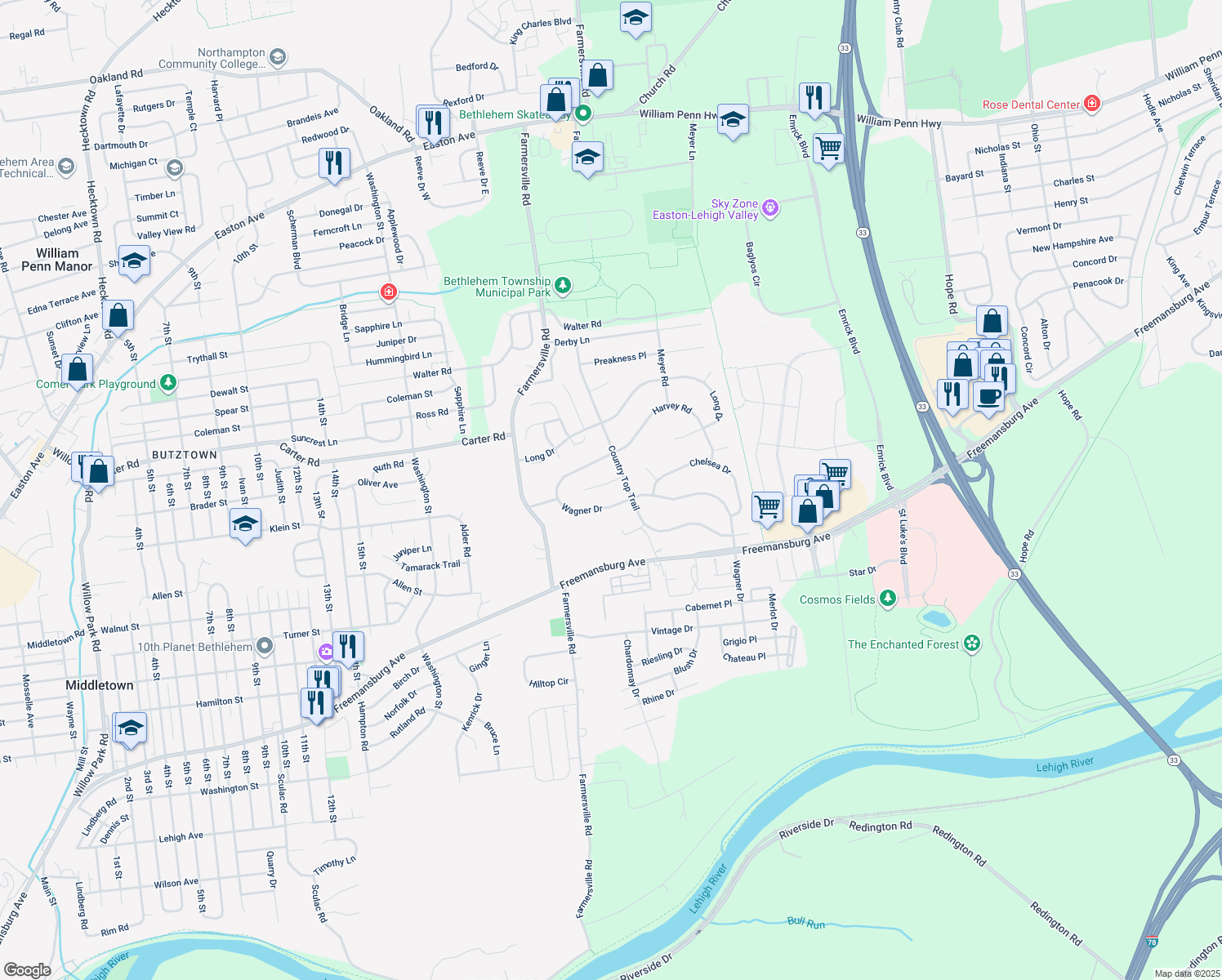 map of restaurants, bars, coffee shops, grocery stores, and more near 4476 Farm View Court in Bethlehem