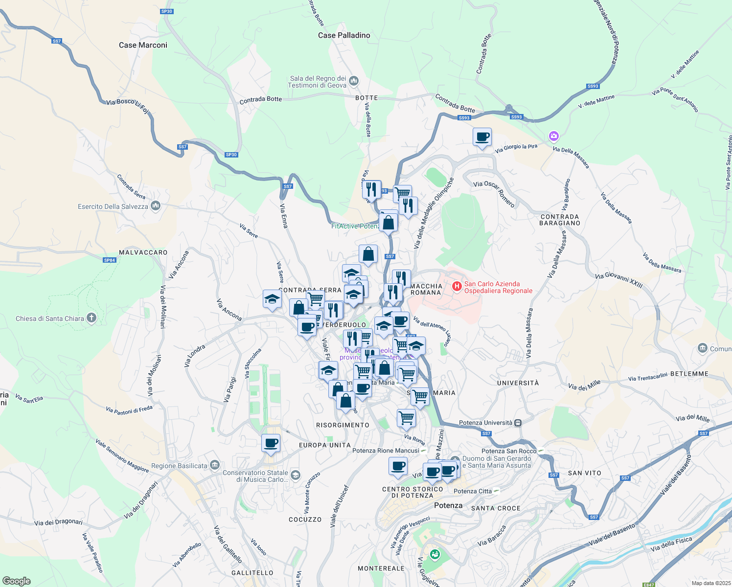 map of restaurants, bars, coffee shops, grocery stores, and more near 85 Via D. di Giura in Potenza