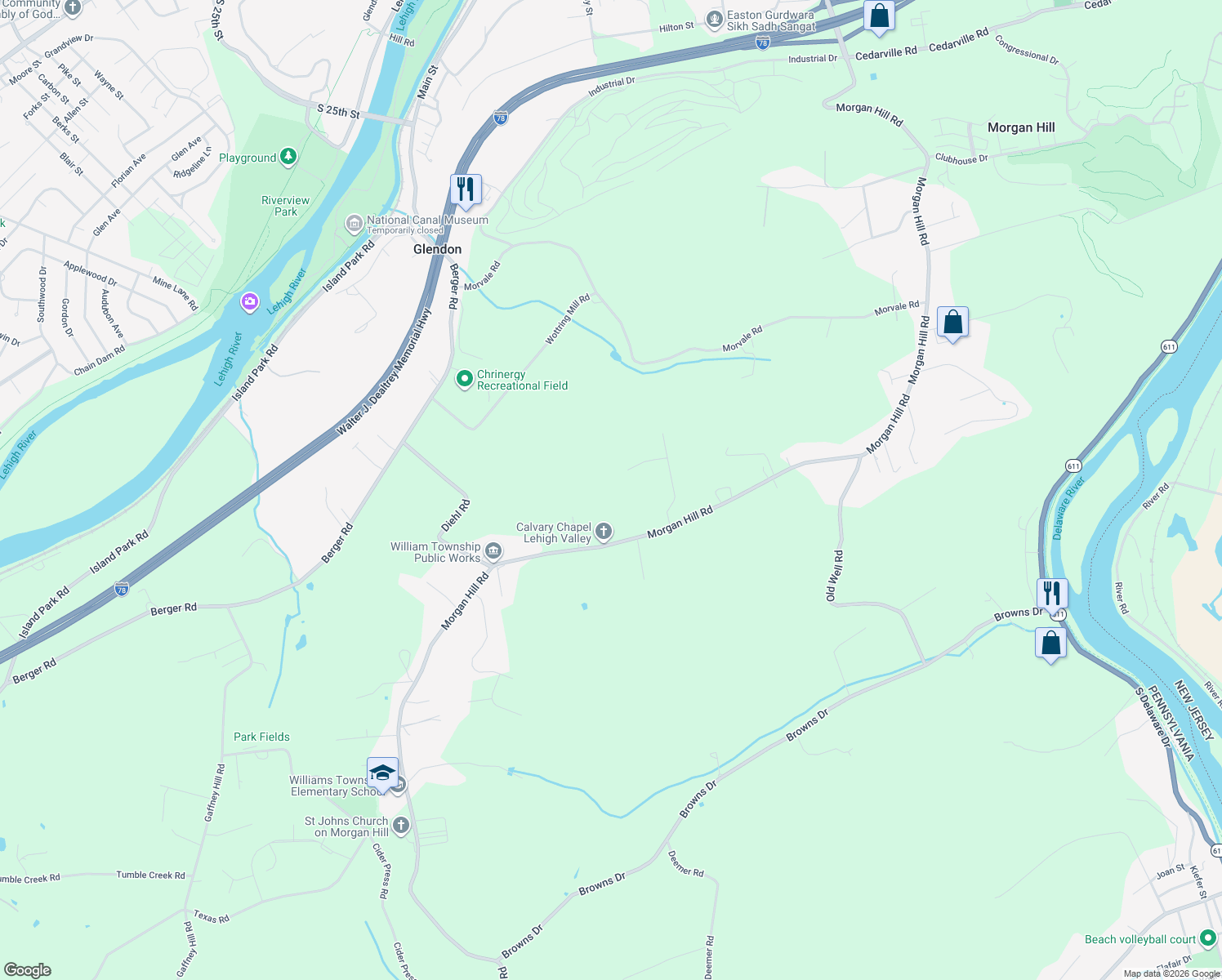 map of restaurants, bars, coffee shops, grocery stores, and more near 2096 Morgan Hill Road in Easton