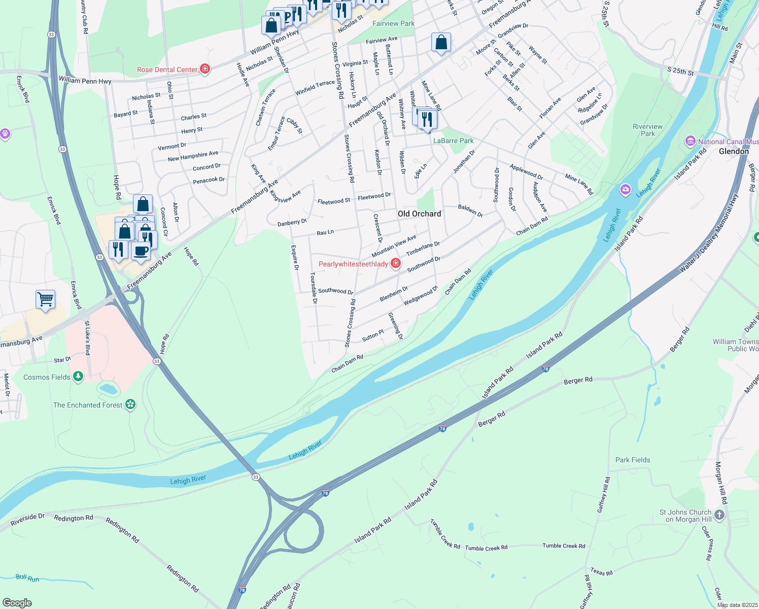 map of restaurants, bars, coffee shops, grocery stores, and more near 240 Blenheim Drive in Easton