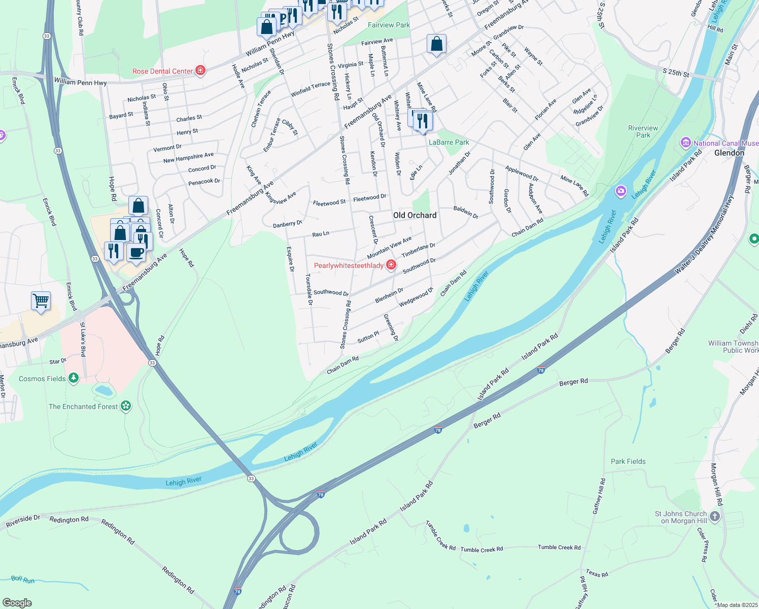 map of restaurants, bars, coffee shops, grocery stores, and more near 230 Blenheim Drive in Easton