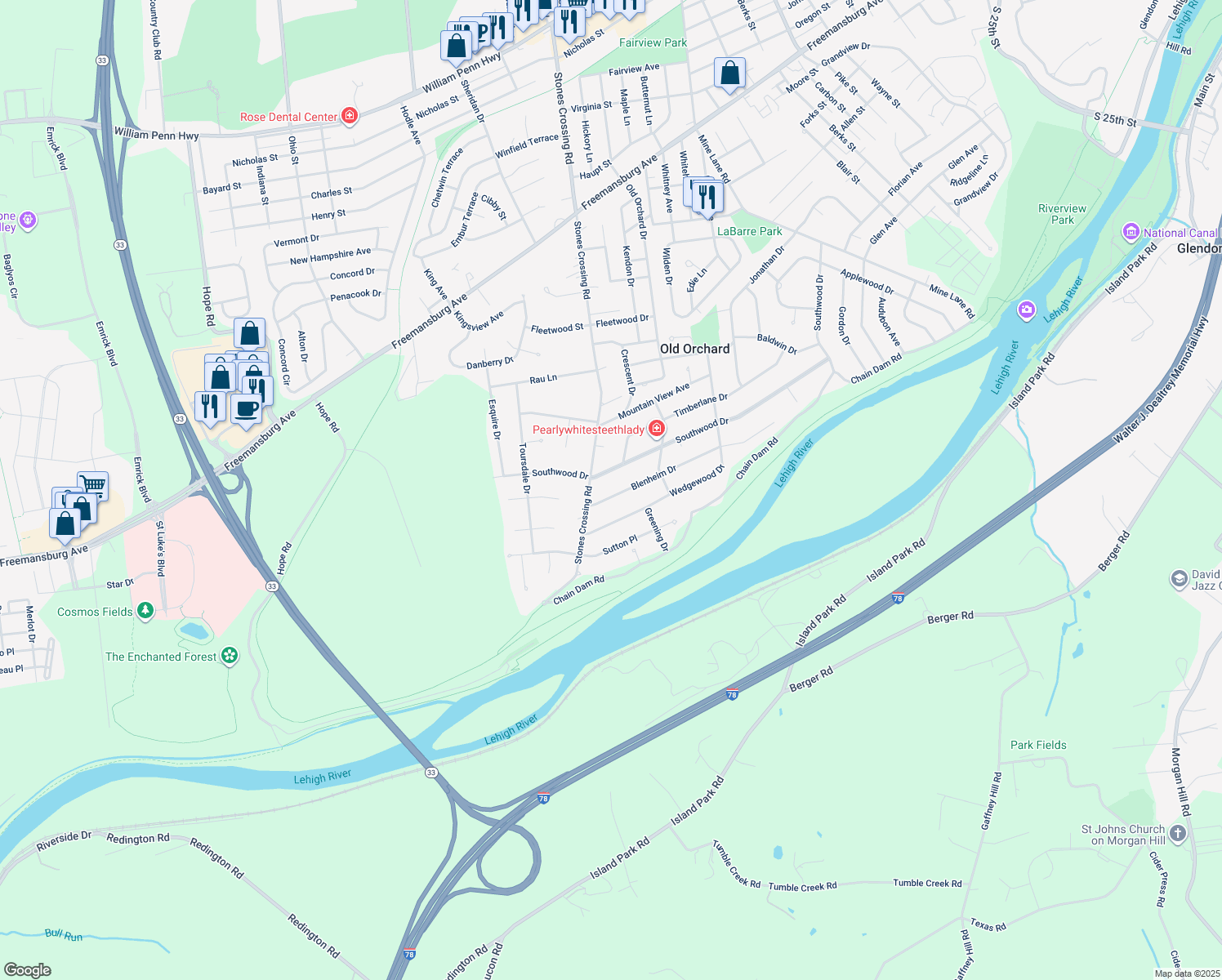 map of restaurants, bars, coffee shops, grocery stores, and more near 269 Blenheim Drive in Easton