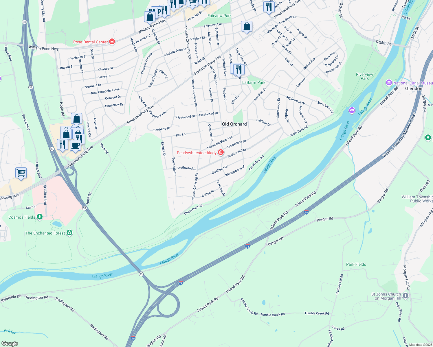 map of restaurants, bars, coffee shops, grocery stores, and more near 220 Blenheim Drive in Easton