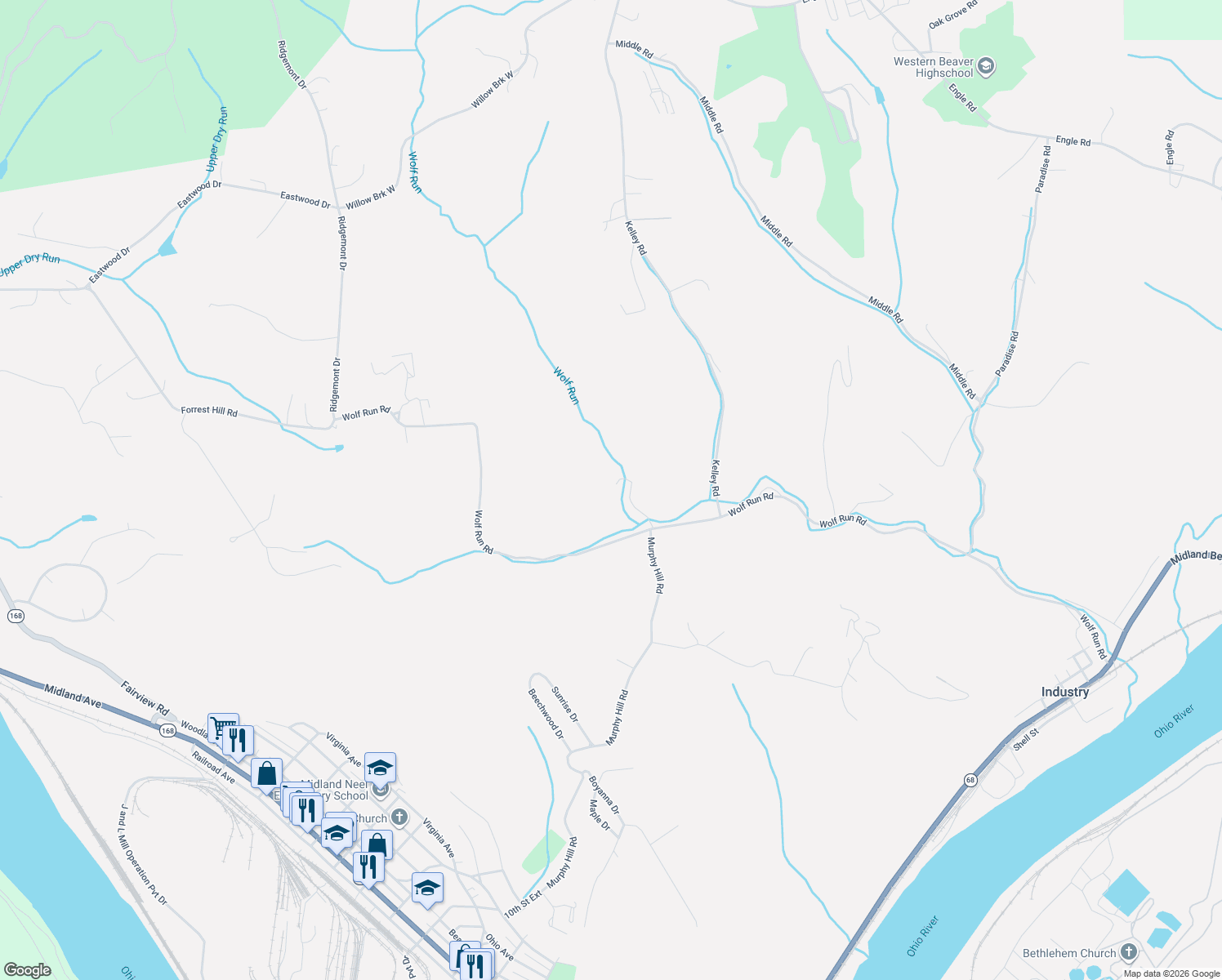 map of restaurants, bars, coffee shops, grocery stores, and more near 1162 Wolf Run Road in Industry