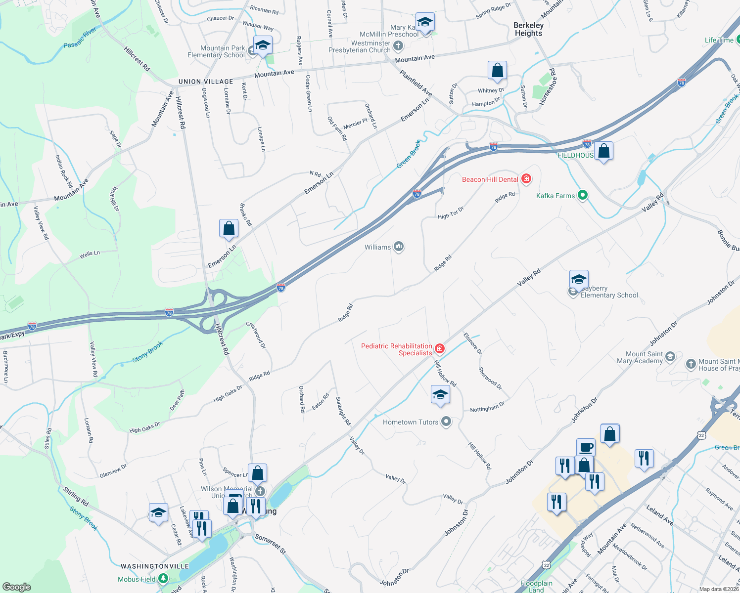 map of restaurants, bars, coffee shops, grocery stores, and more near 281 Ridge Road in Watchung