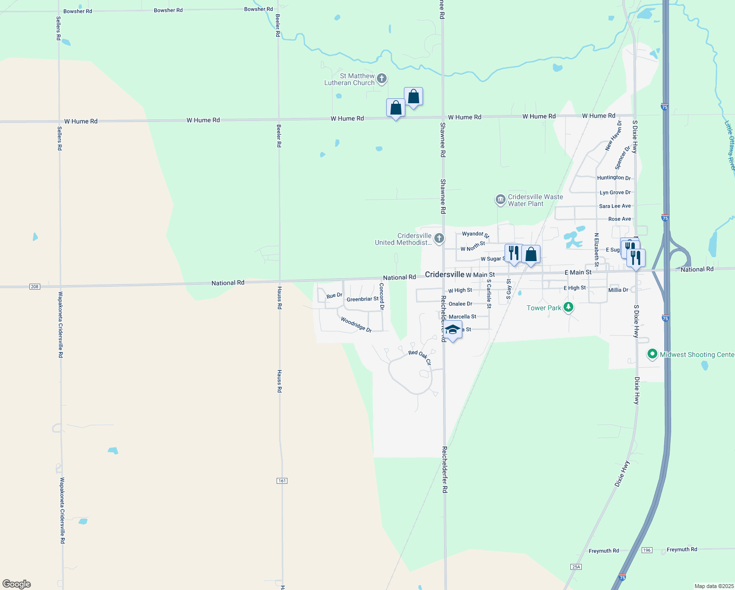 map of restaurants, bars, coffee shops, grocery stores, and more near 8 Hansom Lane in Cridersville