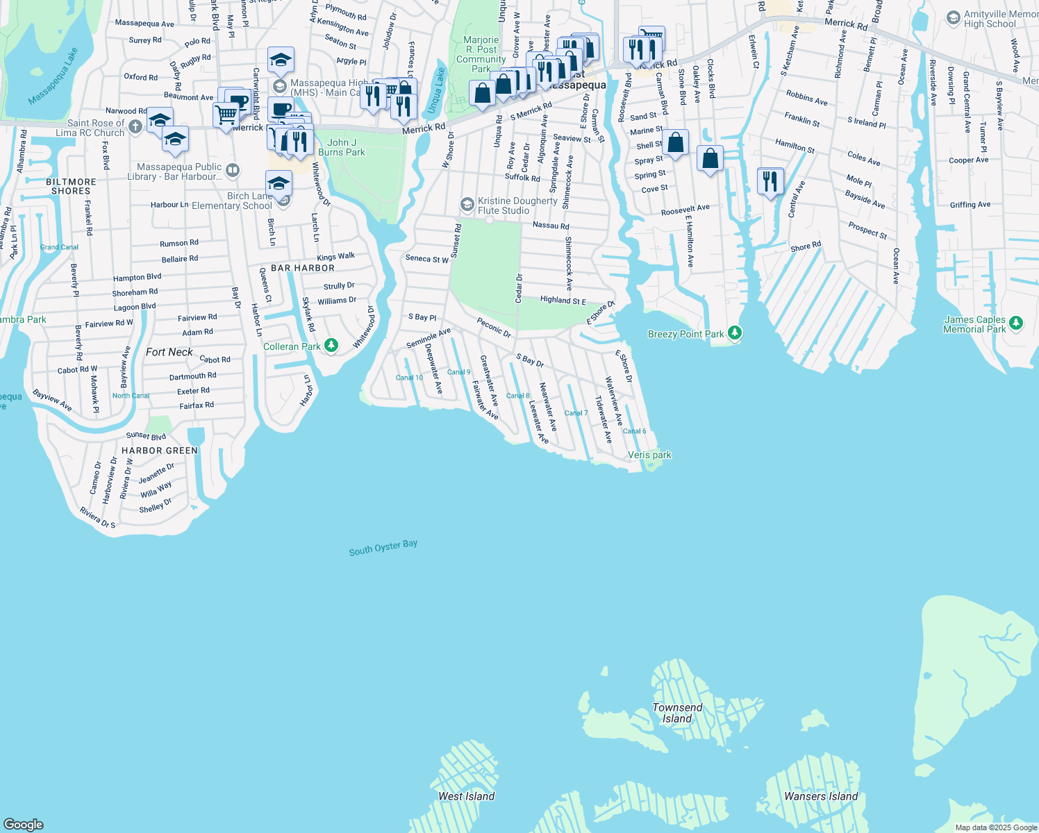 map of restaurants, bars, coffee shops, grocery stores, and more near 64 Highwater Avenue in Massapequa