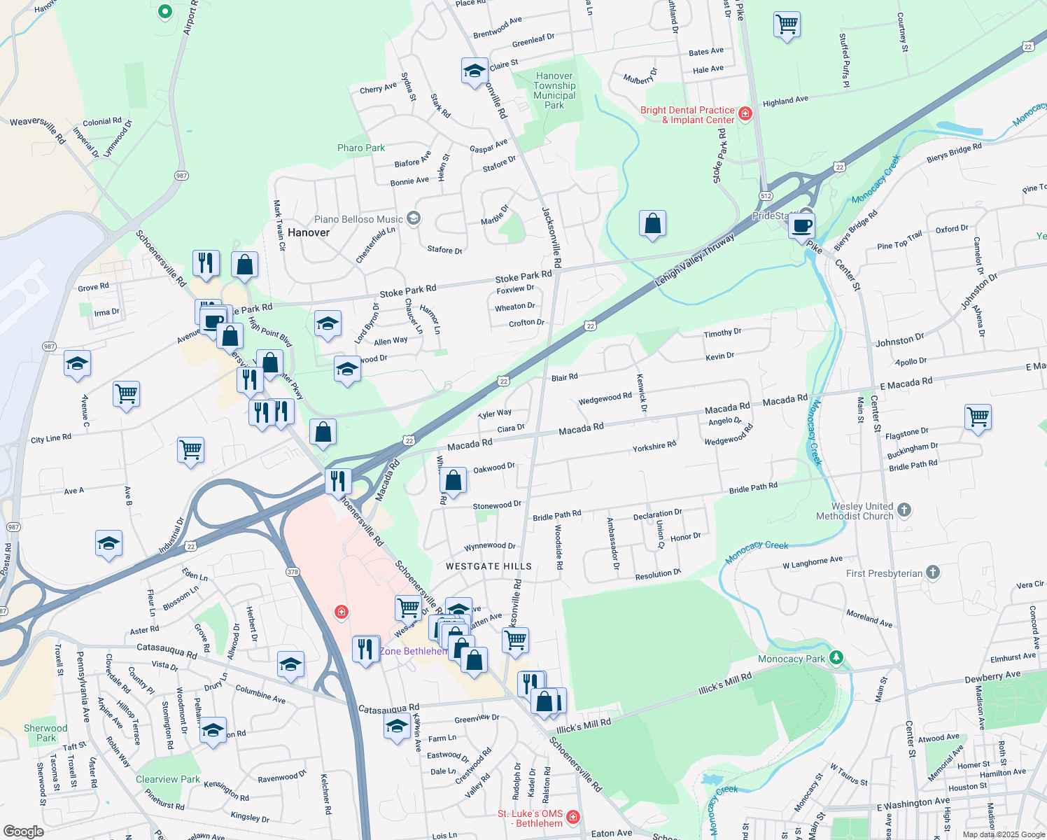 map of restaurants, bars, coffee shops, grocery stores, and more near 1350 Ciara Dr in Bethlehem