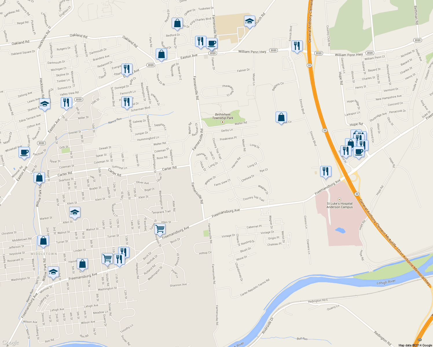 map of restaurants, bars, coffee shops, grocery stores, and more near 4451 Wagner Drive in Bethlehem