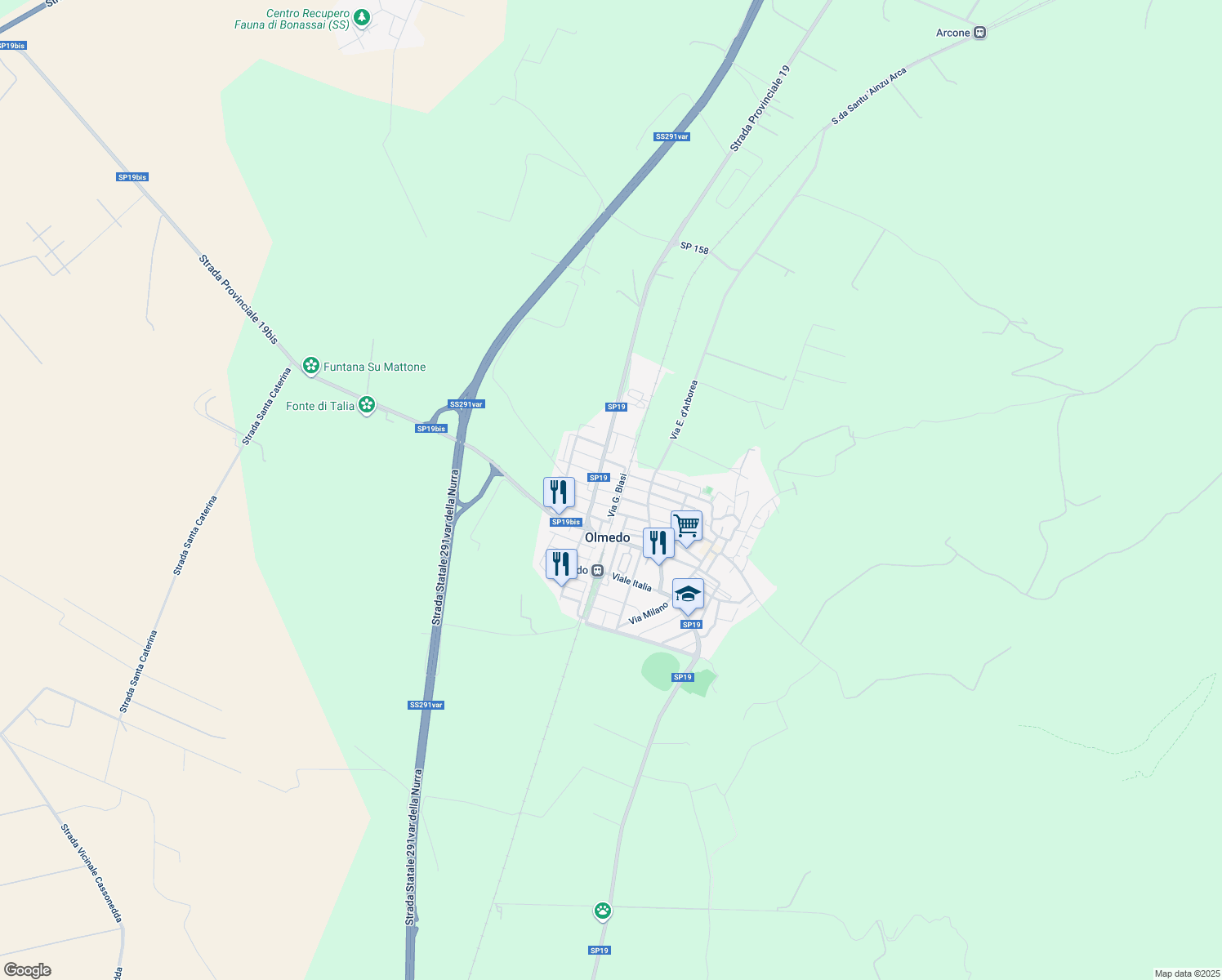 map of restaurants, bars, coffee shops, grocery stores, and more near 8 Via Enrico Mattei in Olmedo