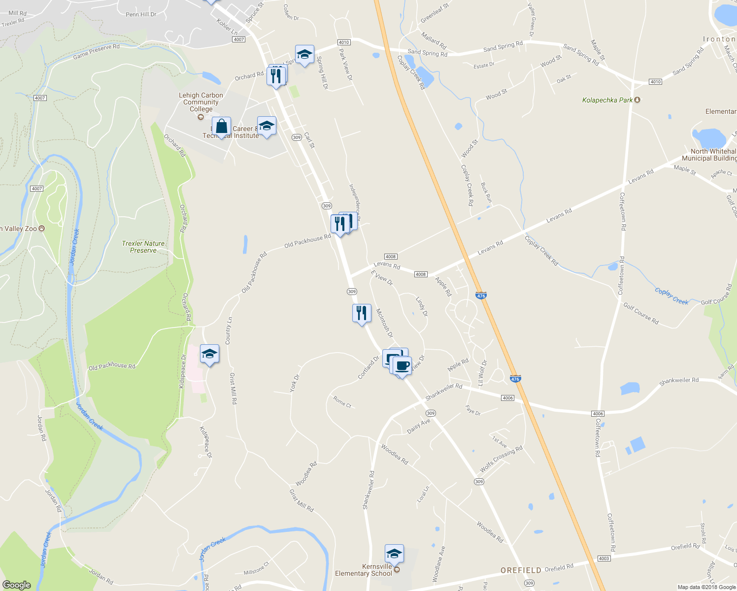 map of restaurants, bars, coffee shops, grocery stores, and more near 3838 McIntosh Drive in Lehigh County